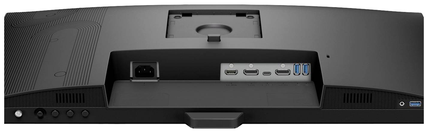 Rückansicht eines Computermonitors mit mehreren Anschlüssen: Stromanschluss, zwei HDMI-Ports, zwei USB-Anschlüsse, ein DisplayPort.