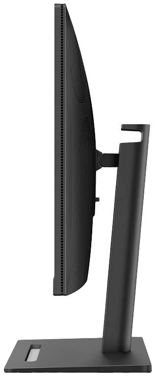 Einseitiger Blick auf einen schlanken, schwarzen Computermonitor mit minimalem Rahmen, der auf einem stabilen Standfuß steht.