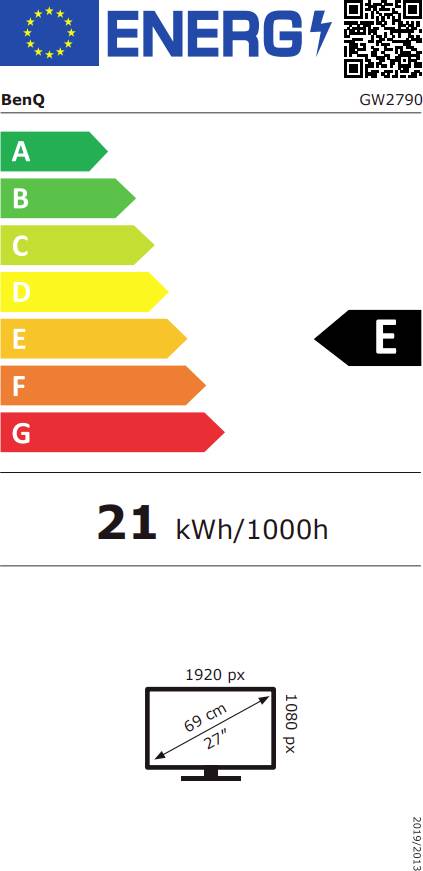Energieeffizienz-Label für einen Monitor der Marke BenQ mit Energieklasse E und einem Stromverbrauch von 21 kWh pro 1000 Stunden.