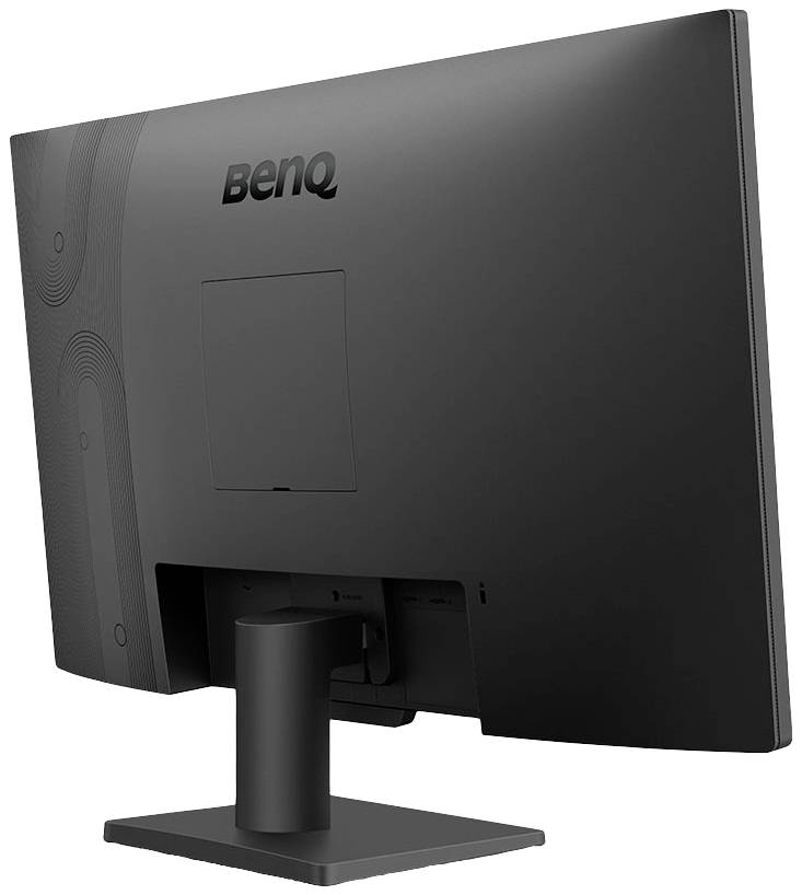 Ein schwarzer BenQ-Monitor von hinten, zeigt den Standfuß und das schlichte Design des Gehäuses.