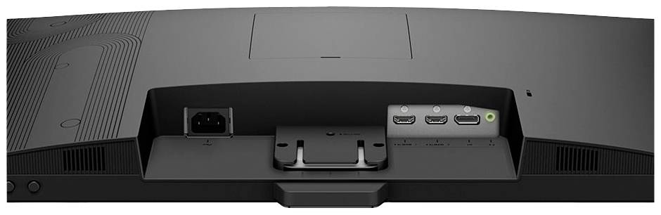 Rückseite eines Monitors mit Anschlüssen: Strombuchse links, zwei HDMI-Ports und ein DisplayPort in der Mitte, Audioausgang rechts.