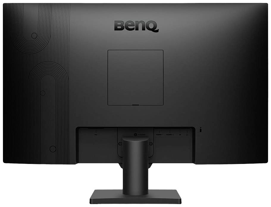 Ein schwarzer BenQ-Monitor von hinten, zeigt den Standfuß und das rückseitige Design.