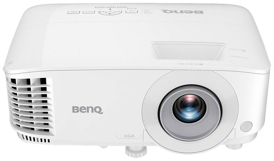 Ein weißer BenQ-Projektor, Modell XGA, mit großen Lüftungsschlitzen und Fokuslinse. Ideal für Präsentationen und Heimkino.