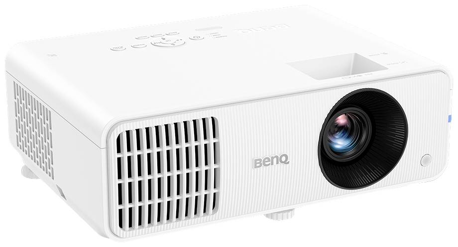 Weißer Projektor mit rechteckigem Gehäuse und großem Objektiv auf der Vorderseite, geeignet für Präsentationen oder Heimkino.