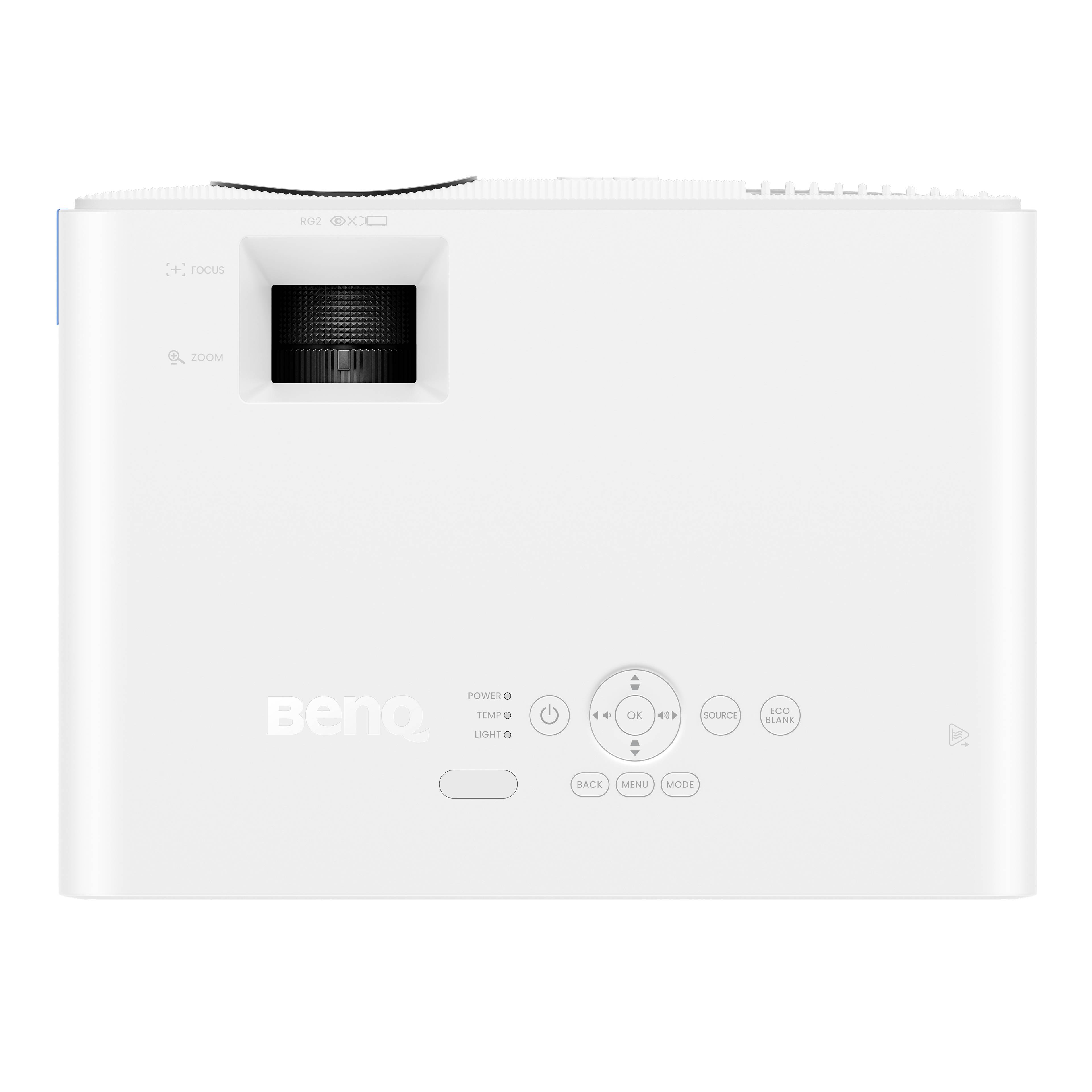 Ein weißer BenQ-Projektor von oben, mit Steuerknöpfen wie Power, Menü und Quellenauswahl rechts neben der Linse.