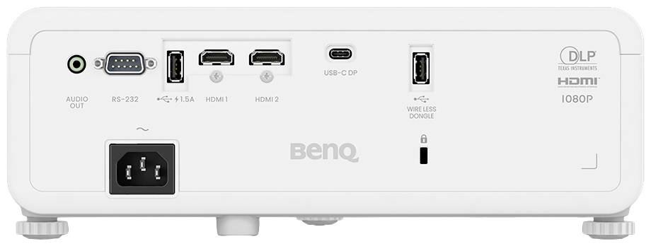 Rückseite eines weißen Projektors mit Anschlüssen: HDMI, USB-C, Audio-Ausgang, RS-232, USB. Marke BenQ, Modell mit 1080P-Auflösung.