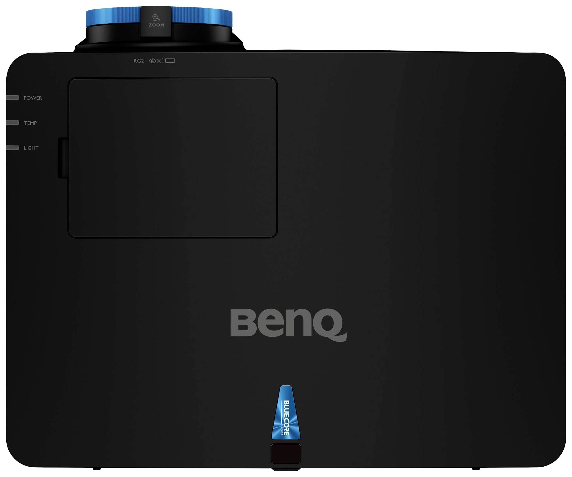 Sicht von oben auf einen BenQ-Projektor. Der Projektor ist schwarz mit blauen Akzenten und hat oben eine Objektivkappe.