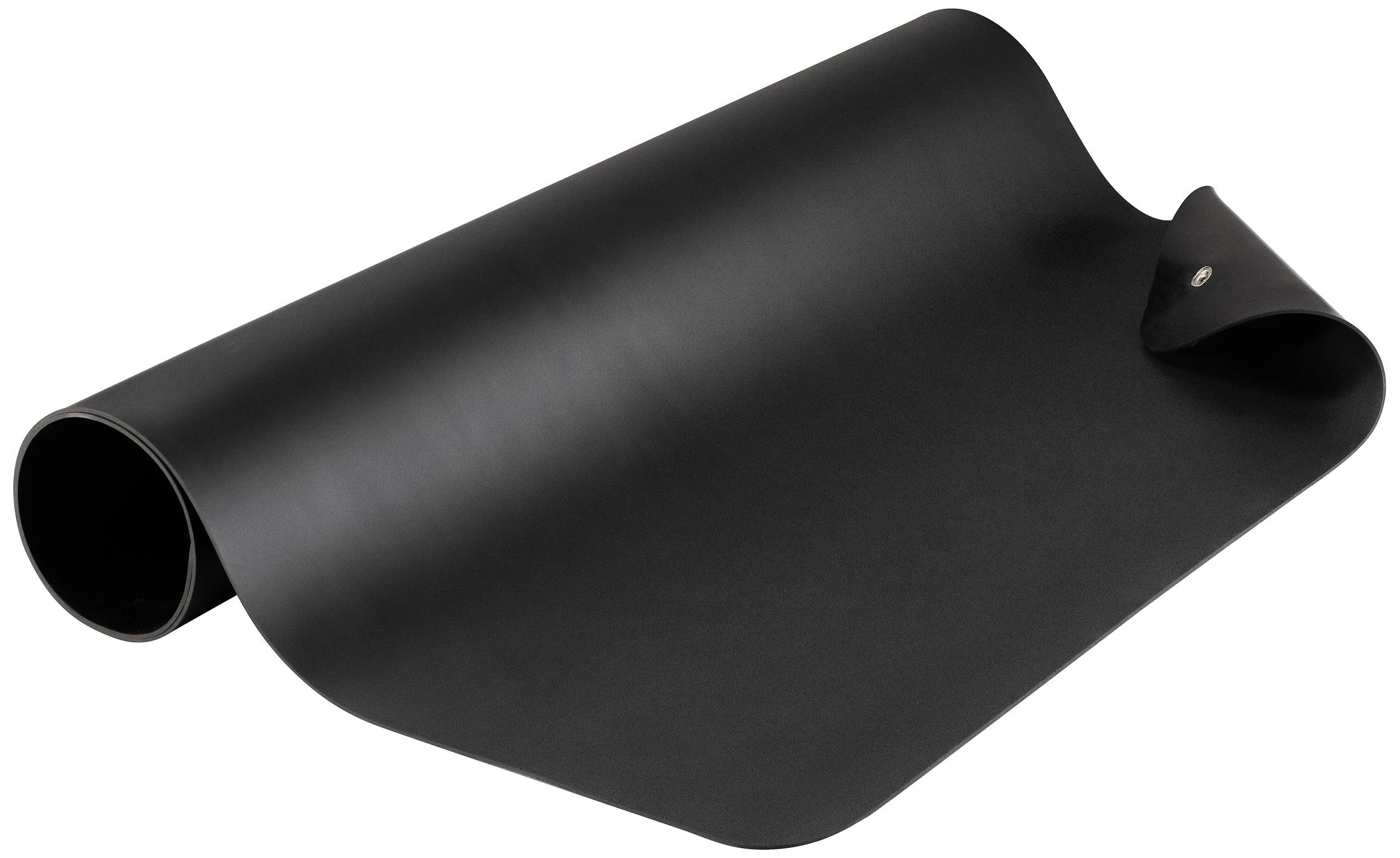 Schwarze, gerollte Silikonmatte, leicht geöffnet. Form und Material erkennbar. Geeignet für Arbeiten oder als Tischunterlage.