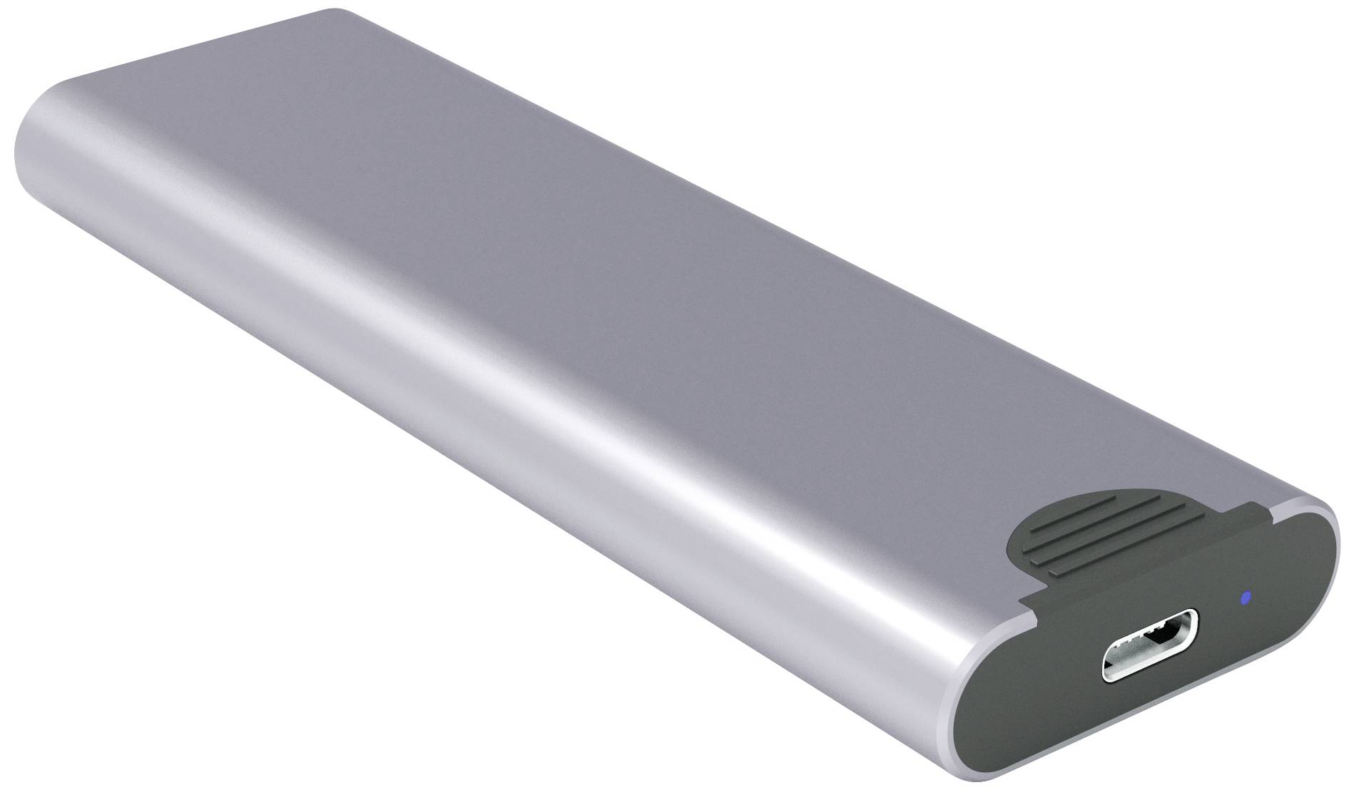 Externe tragbare Festplatte in silbernem Gehäuse mit USB-C-Anschluss, dargestellt auf einem weißen Hintergrund.