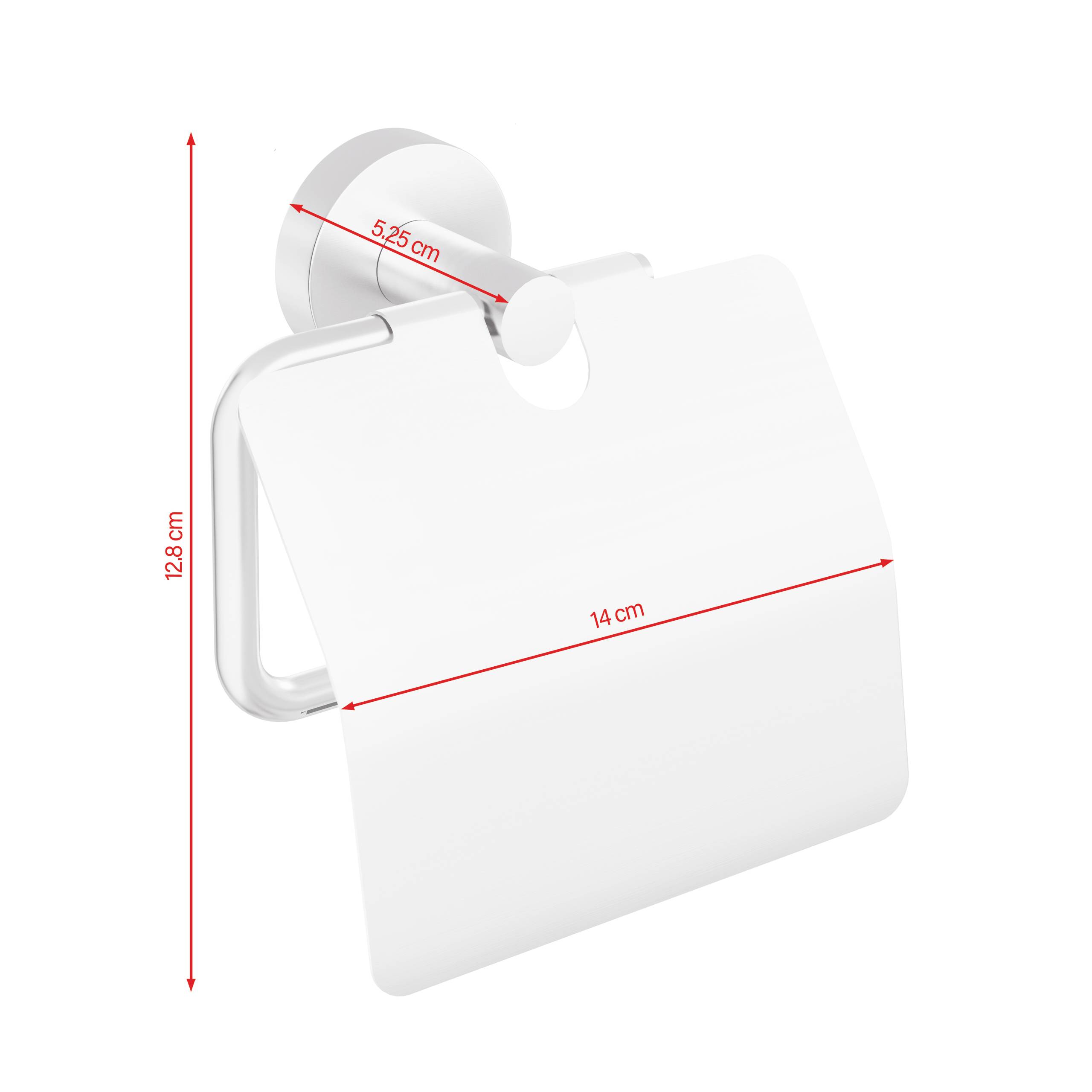 Toilettenpapierhalter, silberfarben, 12,8 cm hoch und 14 cm breit. Wandmontiert mit modernem Design.