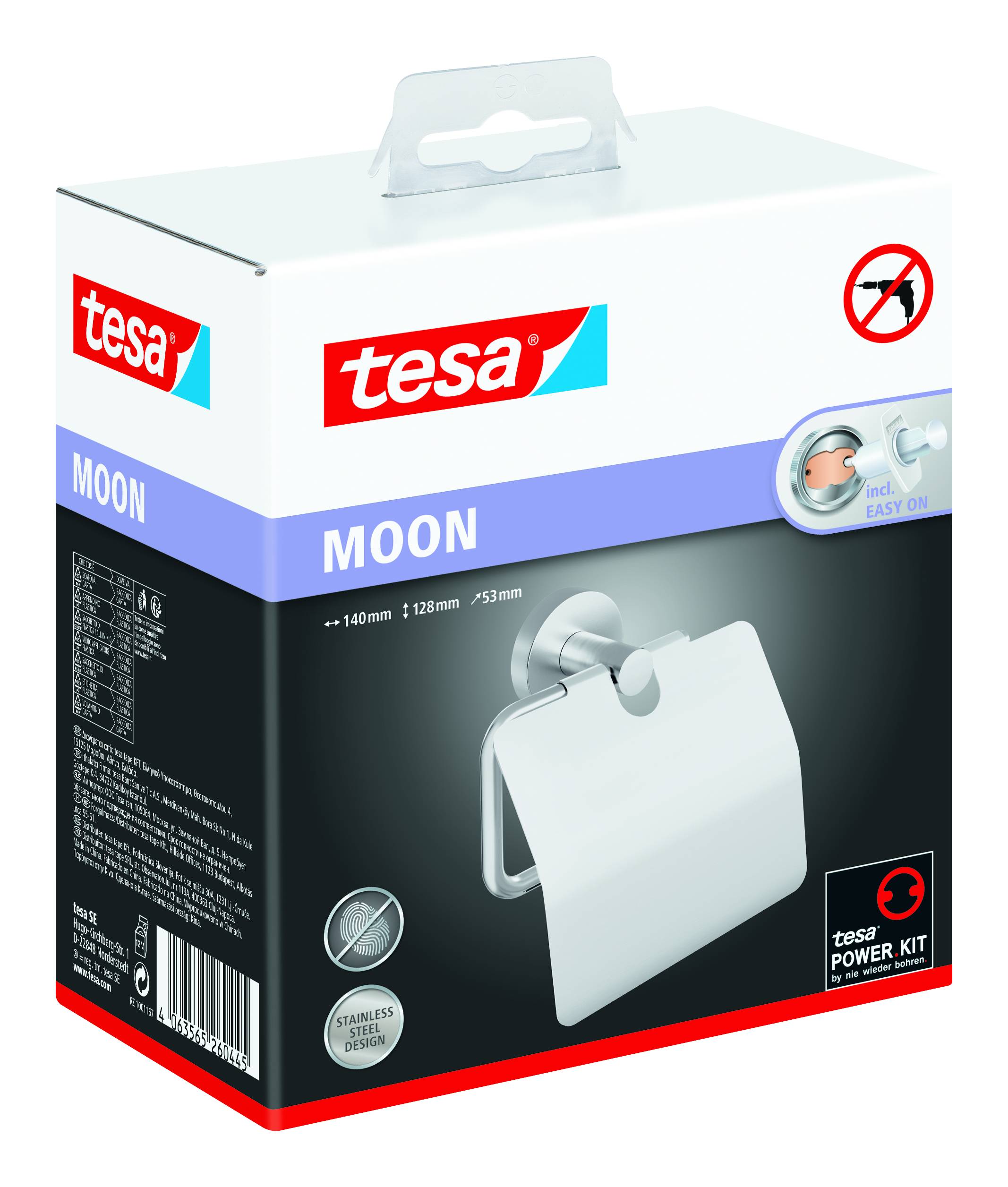 Verpackung einer Tesa Toilettenpapierhalterung 'MOON' mit Easy-On-Technologie. Zeigt Produktbild und Installationshinweise.