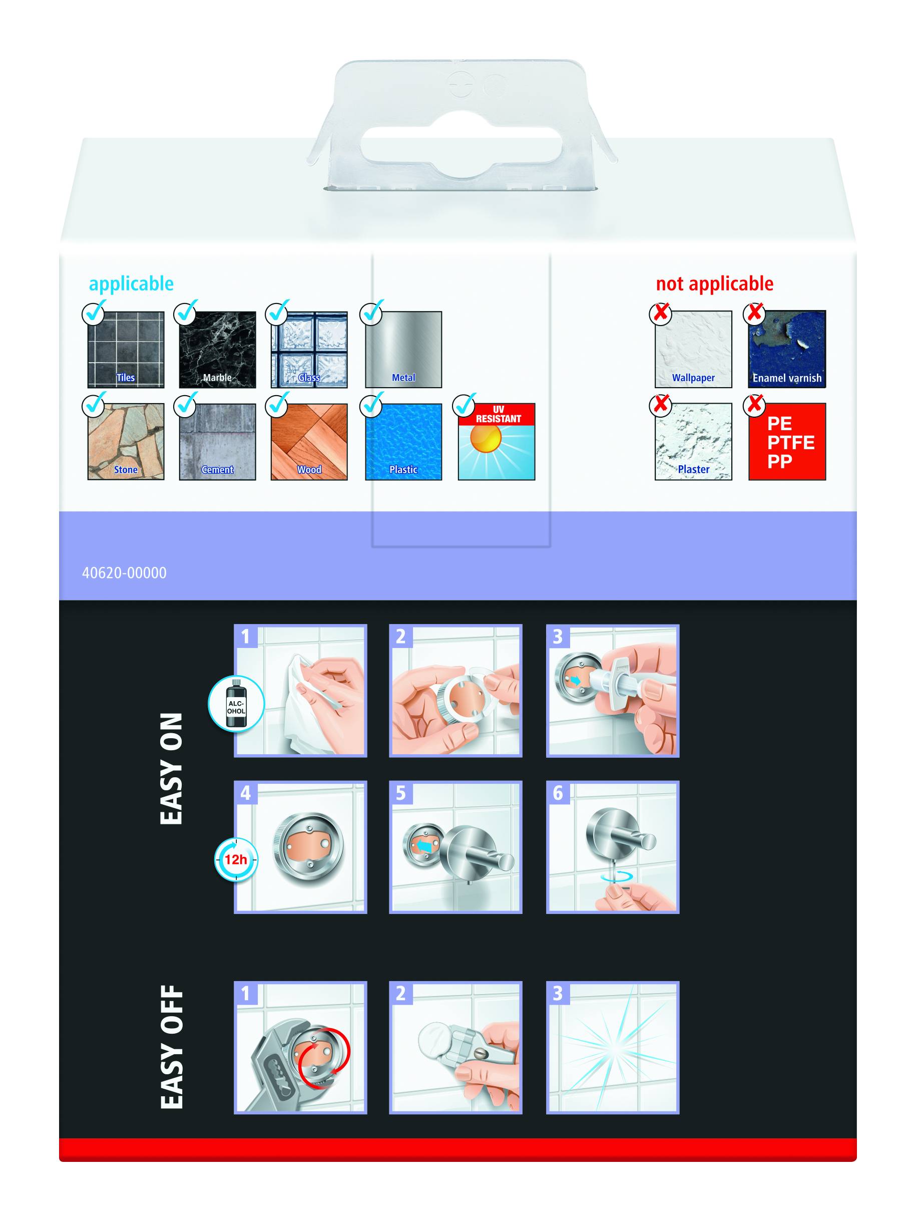 Produktverpackung mit Anleitungen zur Anwendung. Oben: geeignet für bestimmte Oberflächen, nicht geeignet für PE, PTFE, PP. Unten: Schritt-für-Schritt-Anleitung zum Anbringen und Entfernen.