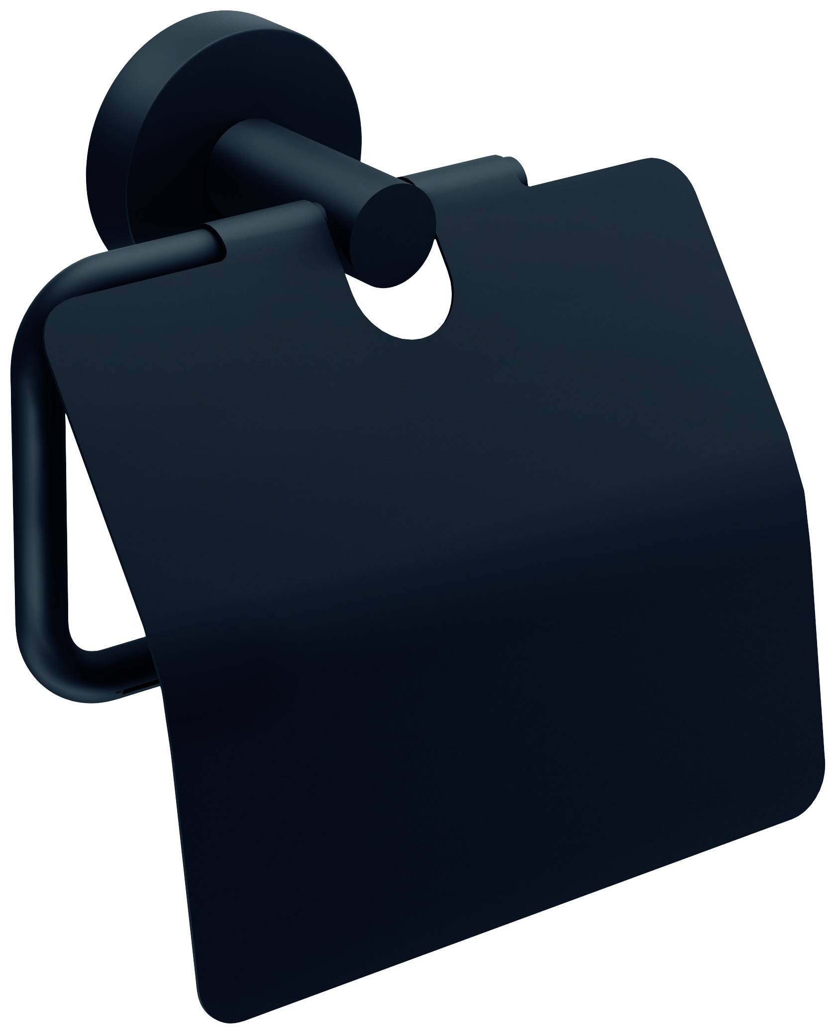 Schwarzer Toilettenpapierhalter an der Wand, leicht gebogenes Blatt verdeckt die Rolle, modernes Design.