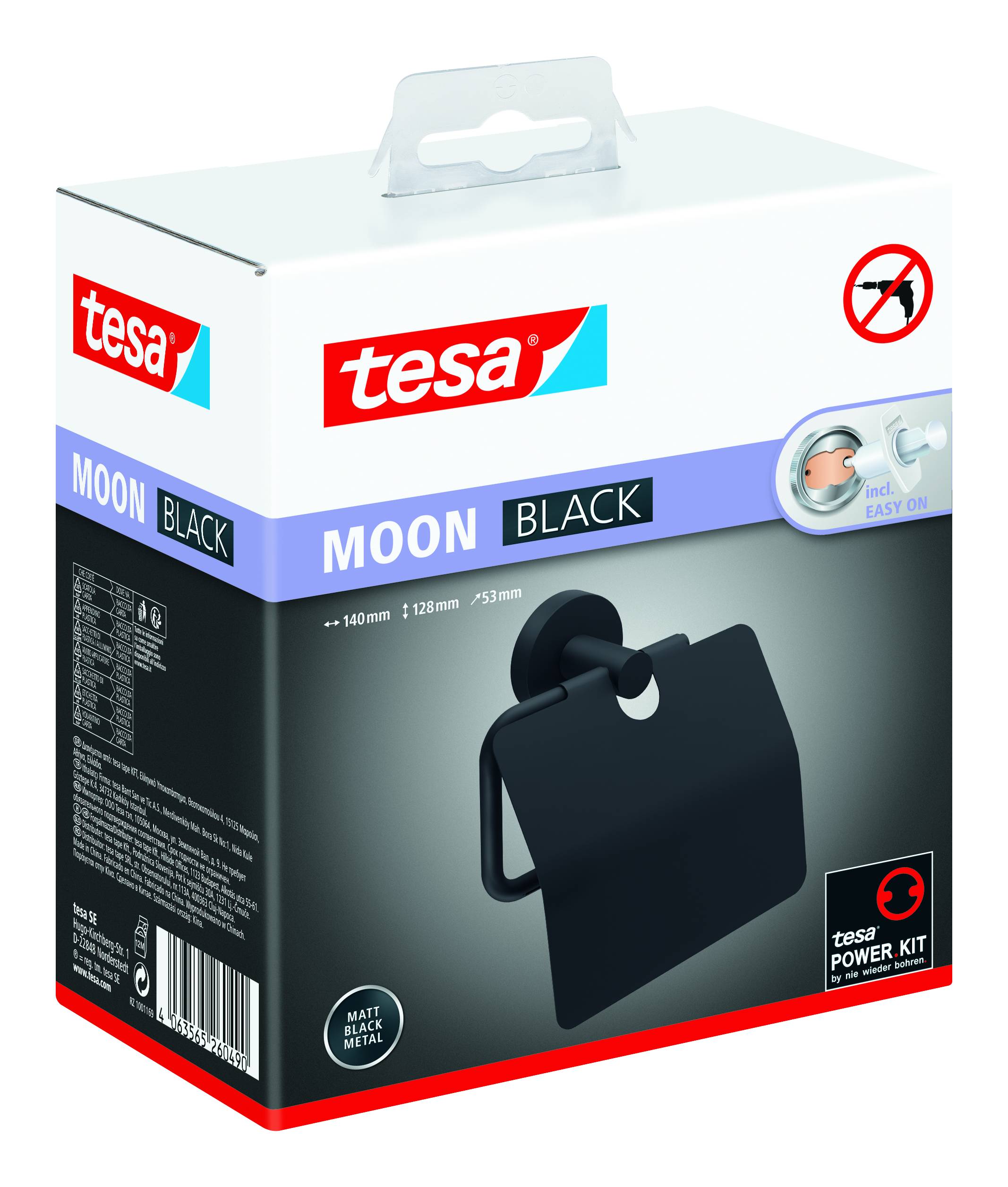 Verpackung einer tesa MOON BLACK Toilettenpapierhalterung. Enthält ein Montagebild mit dem Hinweis auf einfache Installation ohne Bohren.
