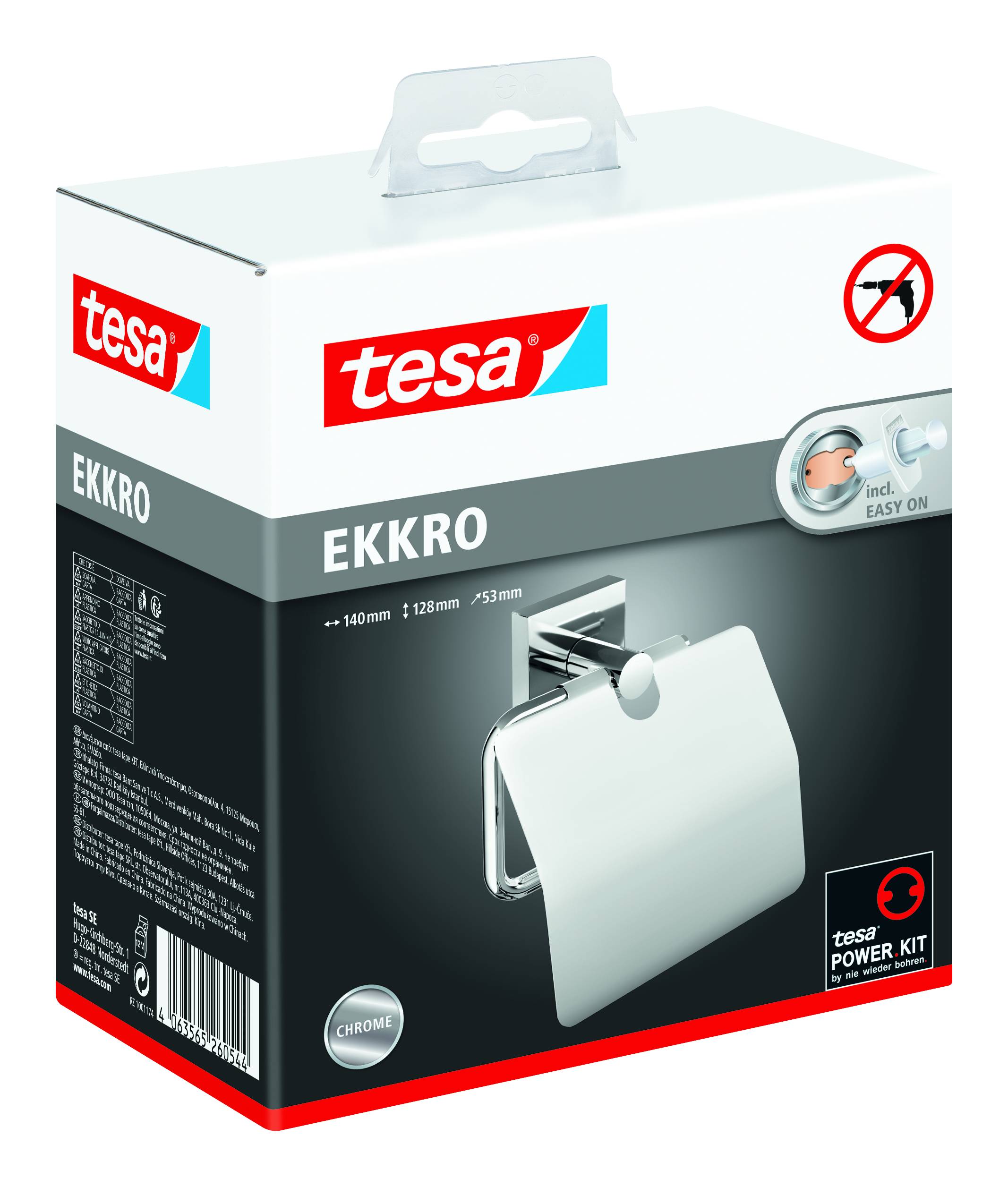 Verpackung eines Tesa Ekkro Toilettenpapierhalters mit montierbarem System, inklusive Easy On-Technik und Power Kit, in Chromoptik.