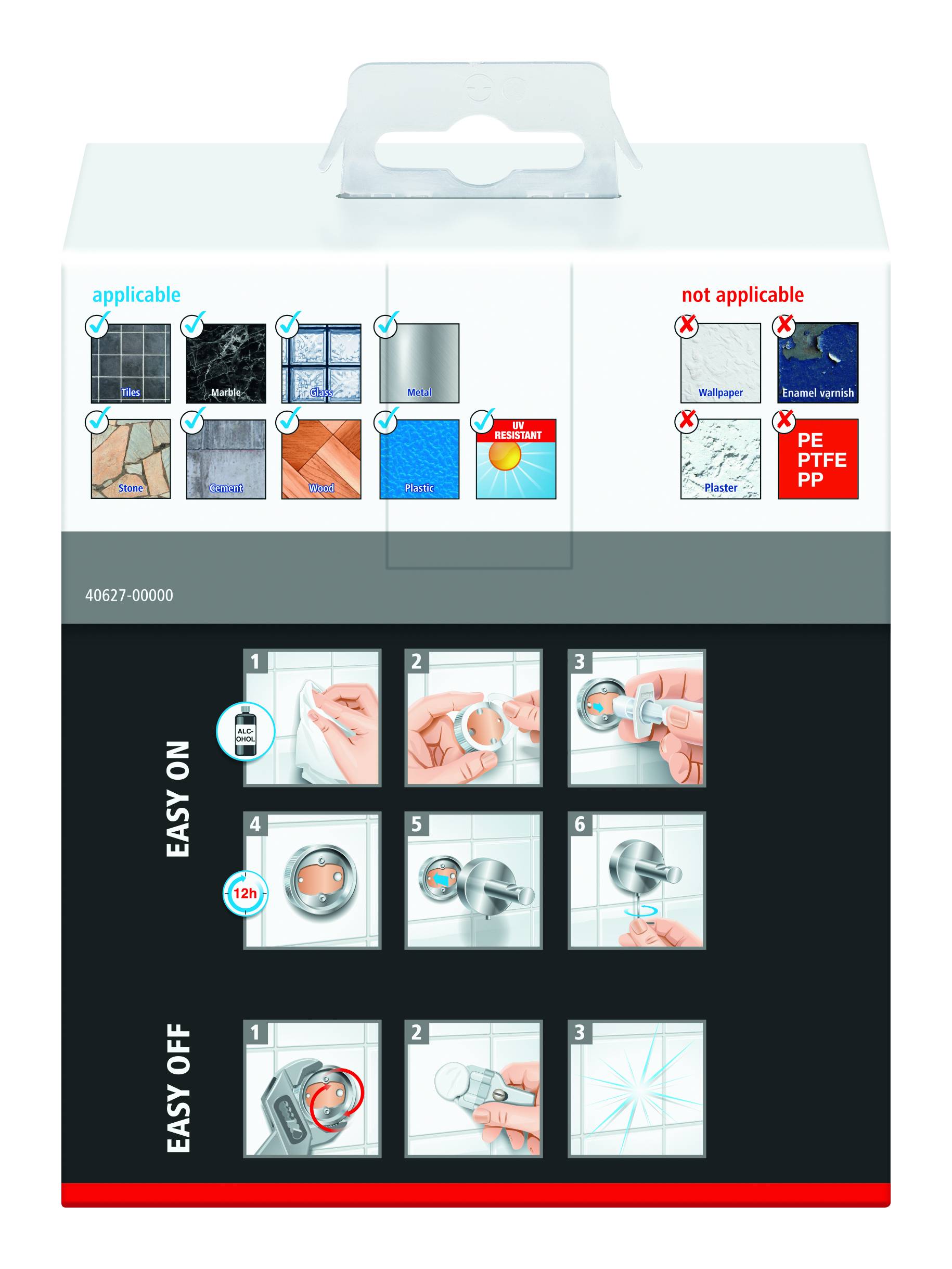 Produktverpackung zeigt Anwendungsschritte für Anbringen und Entfernen. Geeignet für Fliesen, nicht für PE, PTFE, PP.