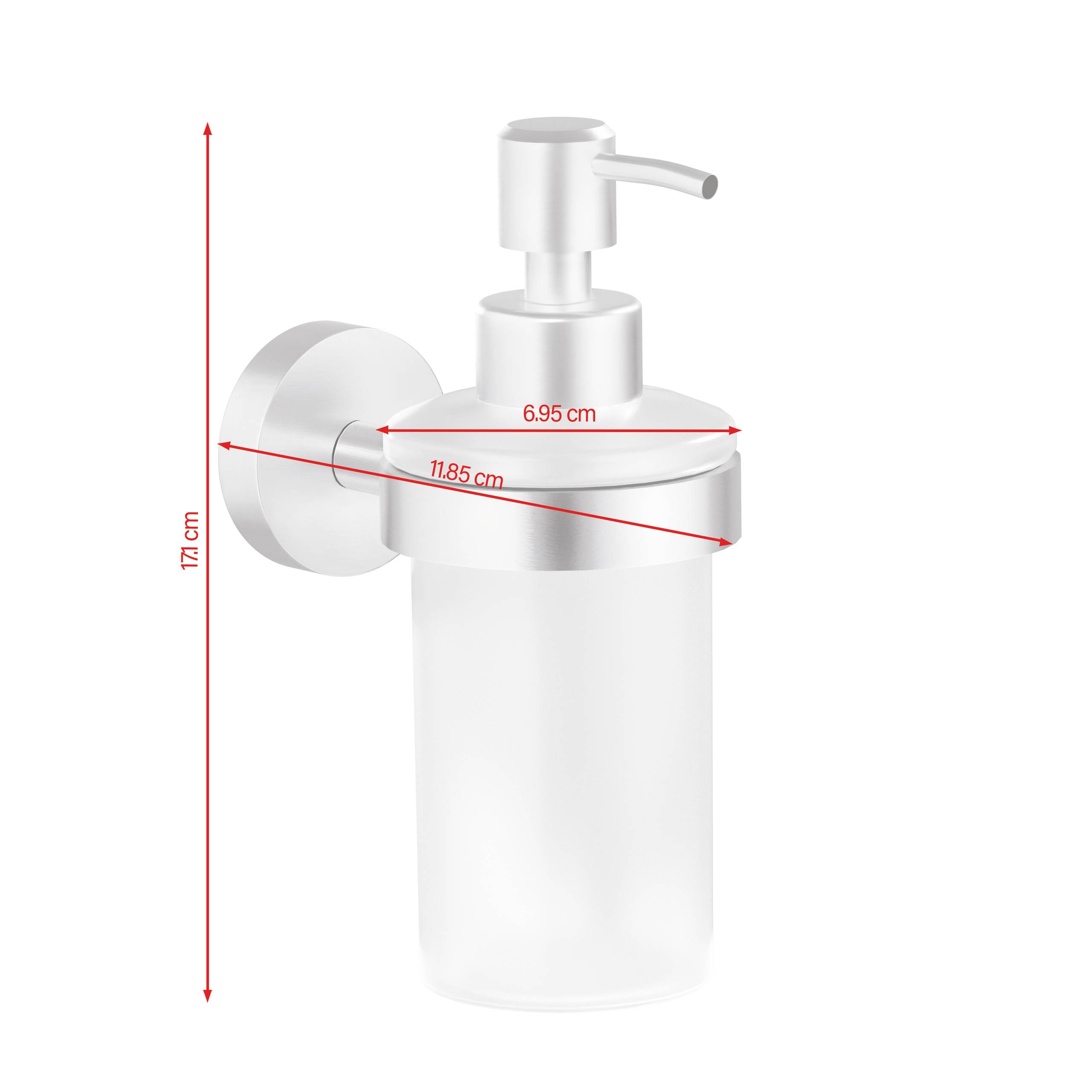 Seifenspender aus Edelstahl mit Wandhalterung. Maße: Höhe 17 cm, Breite 11,85 cm, Tiefe 6,95 cm.