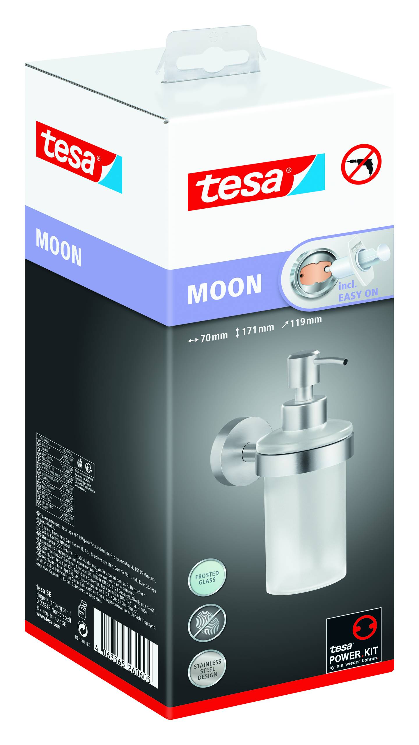Verpackung eines Seifenspenders der Marke 'tesa' mit der Bezeichnung 'MOON', zeigt eine Wandmontage mit Easy-On-System, Maße 70x171x119mm.