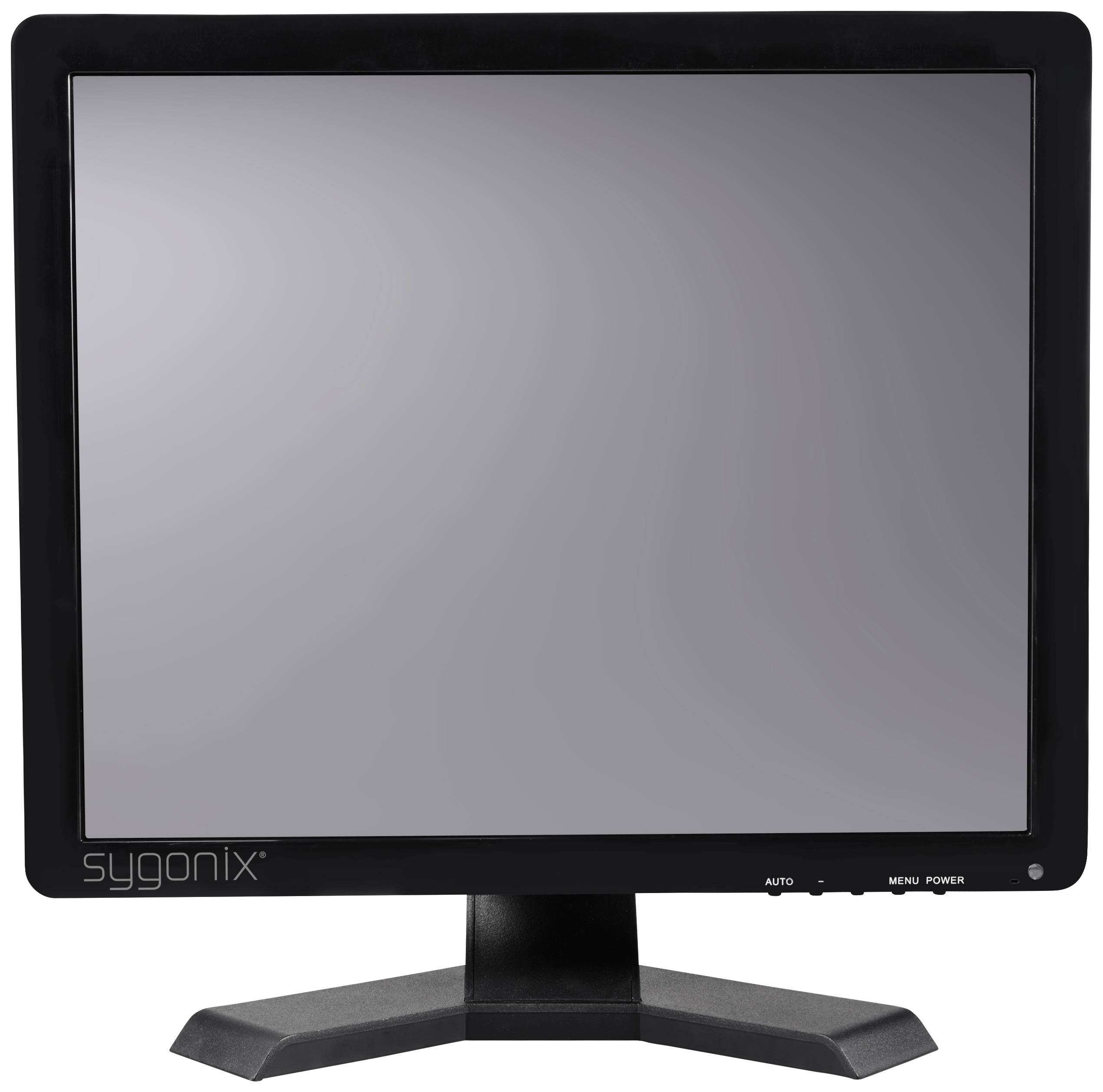 Ein schwarzer Computer-Monitor mit der Marke 'sygonix' auf dem Rahmen. Der Bildschirm ist ausgeschaltet.