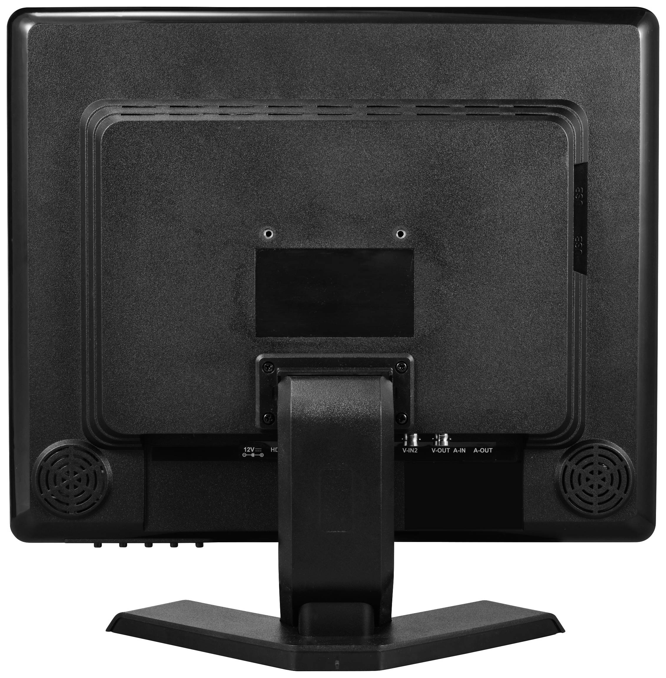 Der Bildschirm zeigt die Rückseite eines schwarzen Monitors mit einem stabilen Standfuß. Er hat Lüftungsschlitze und Anschlüsse.