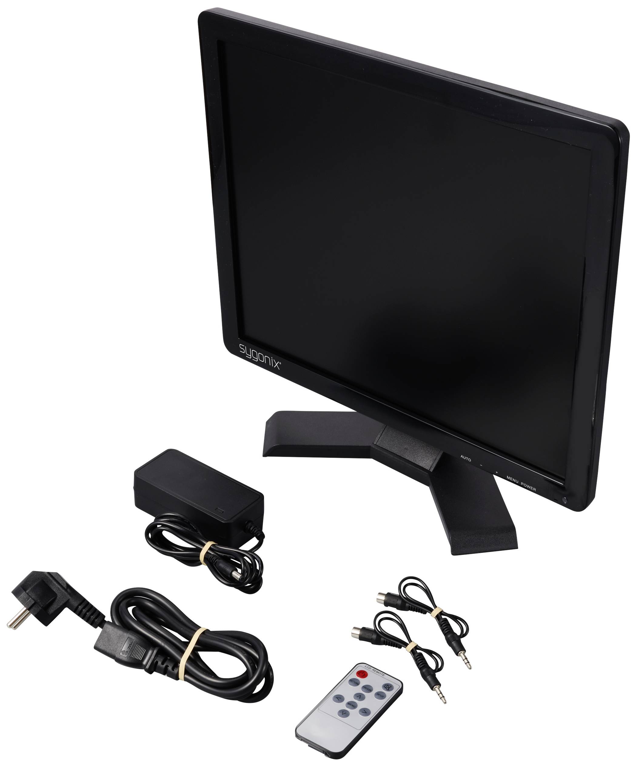 Ein schwarzer Monitor mit Standfuß, Netzteil, Fernbedienung und zwei Audiokabeln. Der Monitor ist ausgeschaltet.