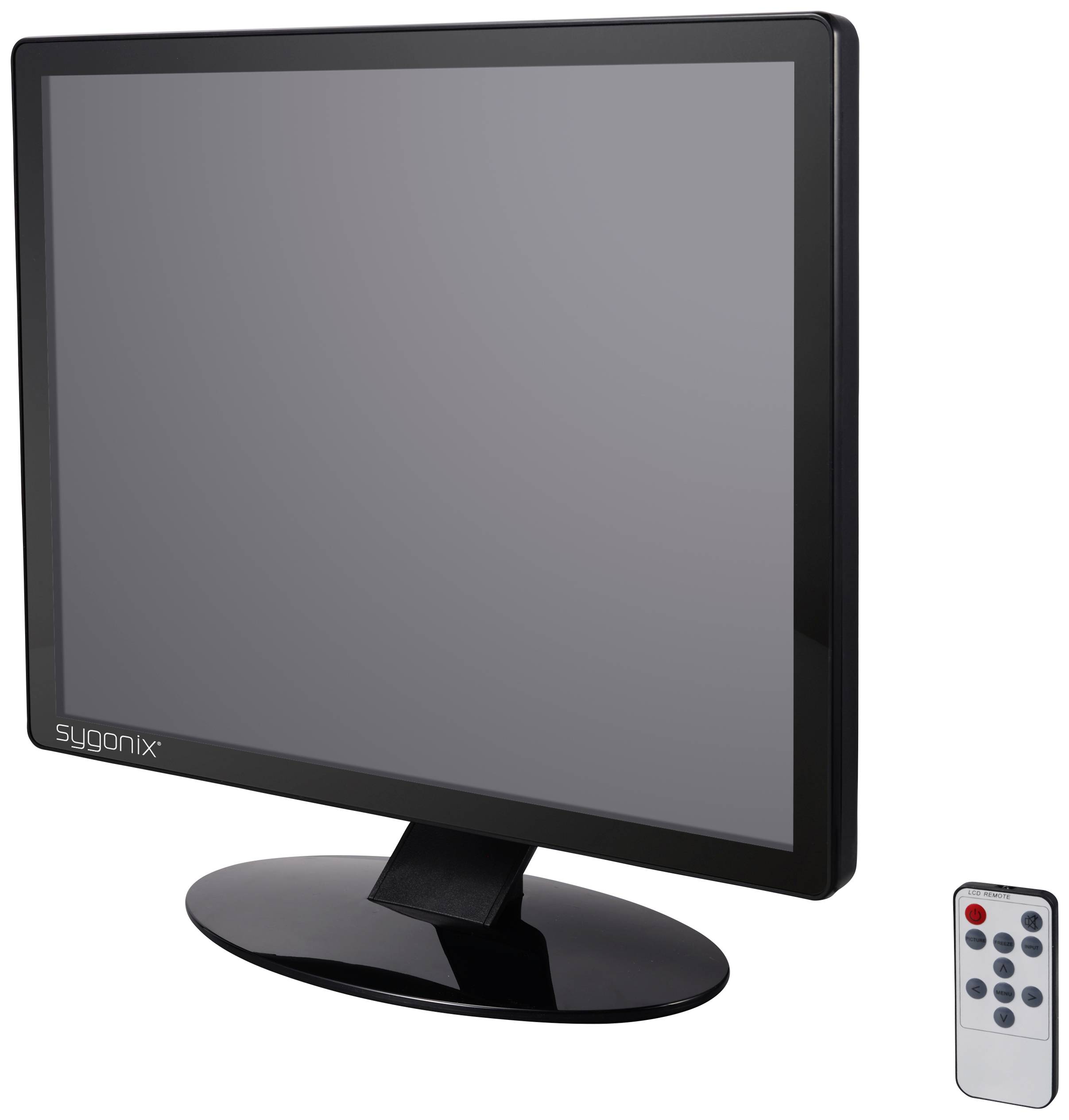 Ein schwarzer LCD-Bildschirm auf einem Standfuß mit einer Fernbedienung daneben, abgebildet vor weißem Hintergrund.