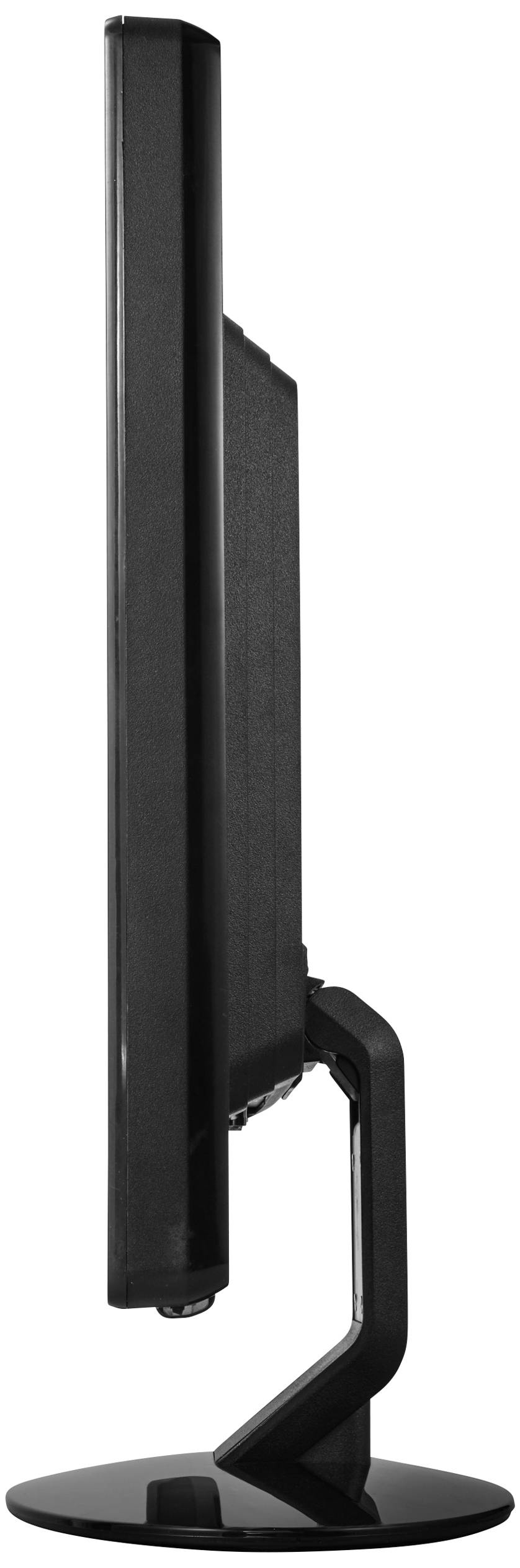 Ein seitliches Profil eines schwarzen Computerbildschirms auf einem runden Standfuß.