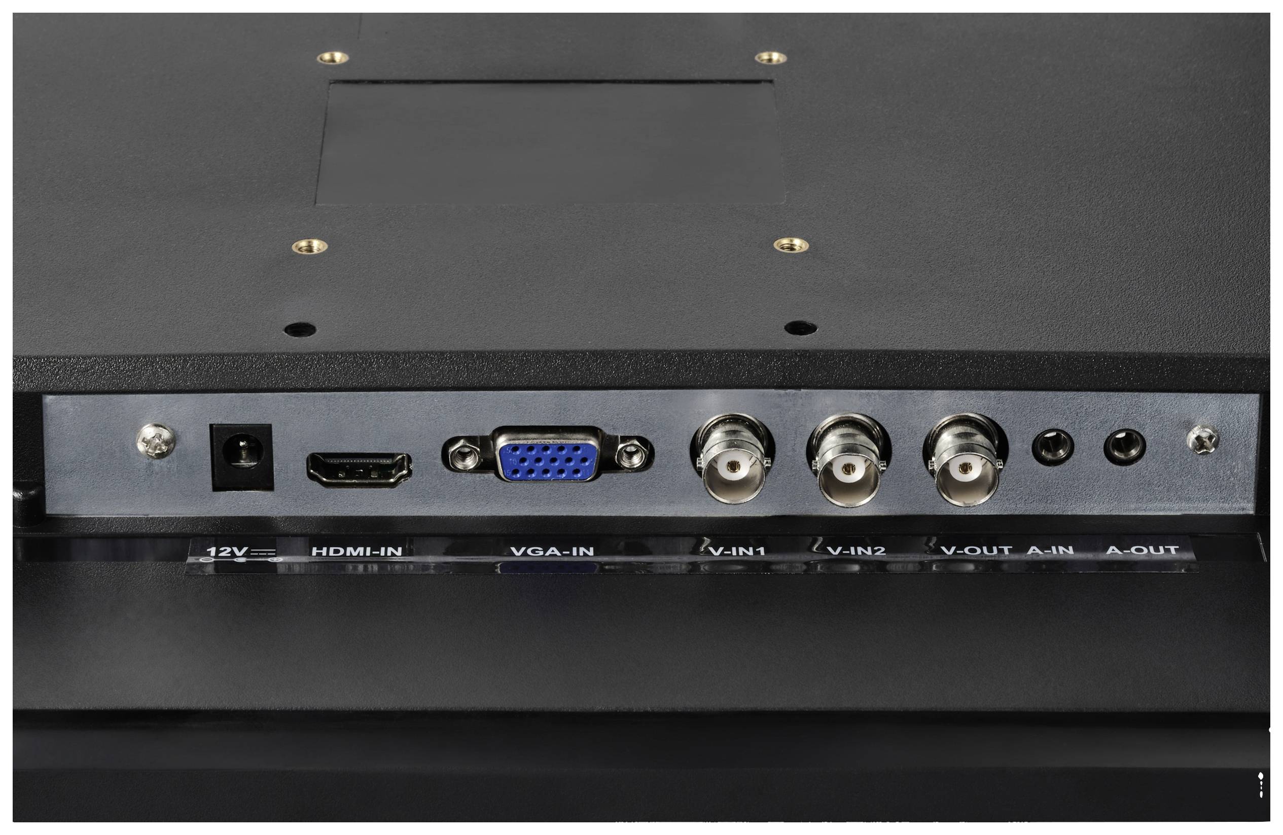 Rückseite eines elektronischen Geräts mit Anschlüssen: Strom, HDMI, VGA, koaxial. Beschriftungen für Ein- und Ausgänge sichtbar.