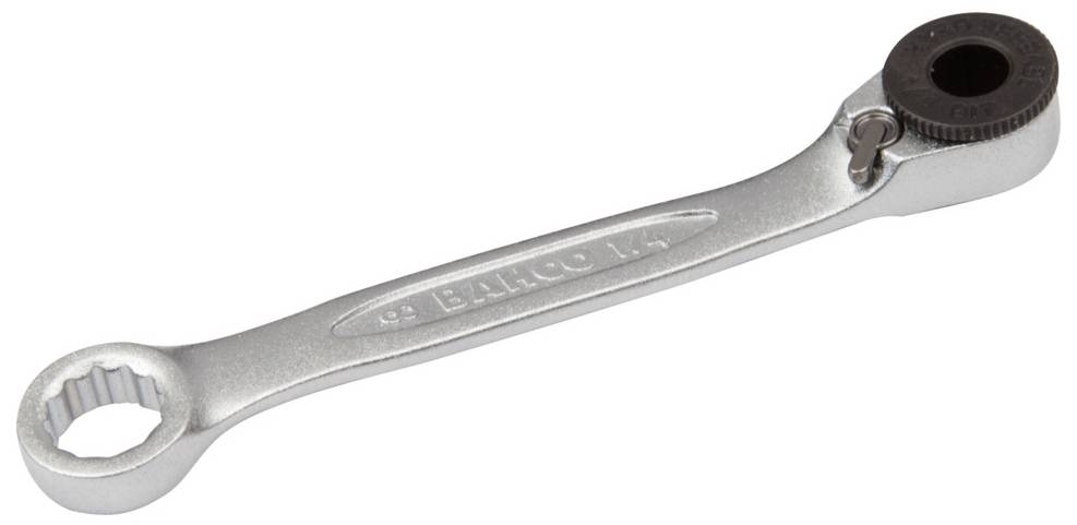 Ratschenringschlüssel aus Metall mit rundem Griff und gezahnter Ratschenfunktion an einem Ende, geeignet für Schraubarbeiten.
