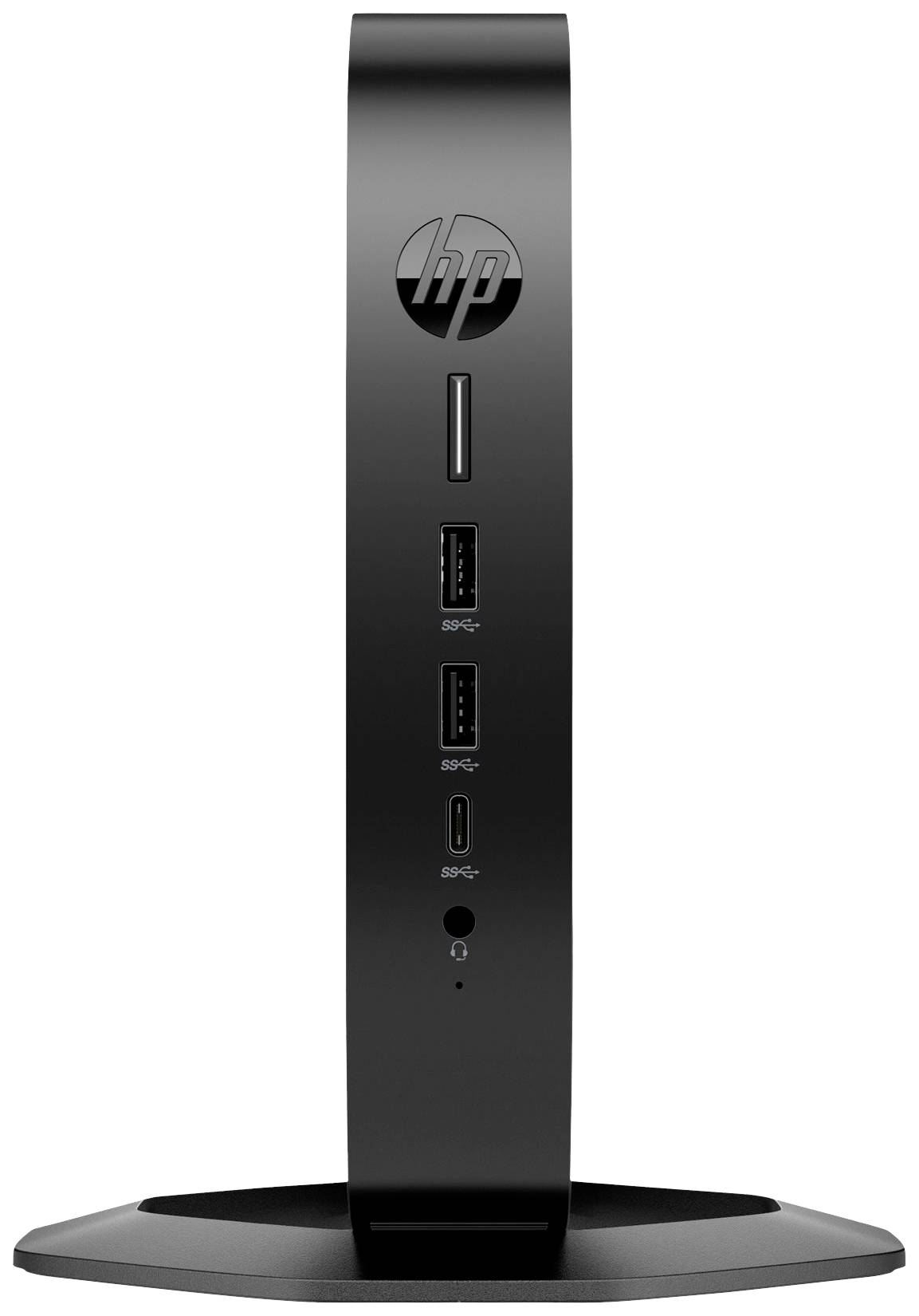 Ein schwarzer, vertikaler Computer mit zwei USB-Anschlüssen und einem Kopfhöreranschluss auf der Vorderseite.