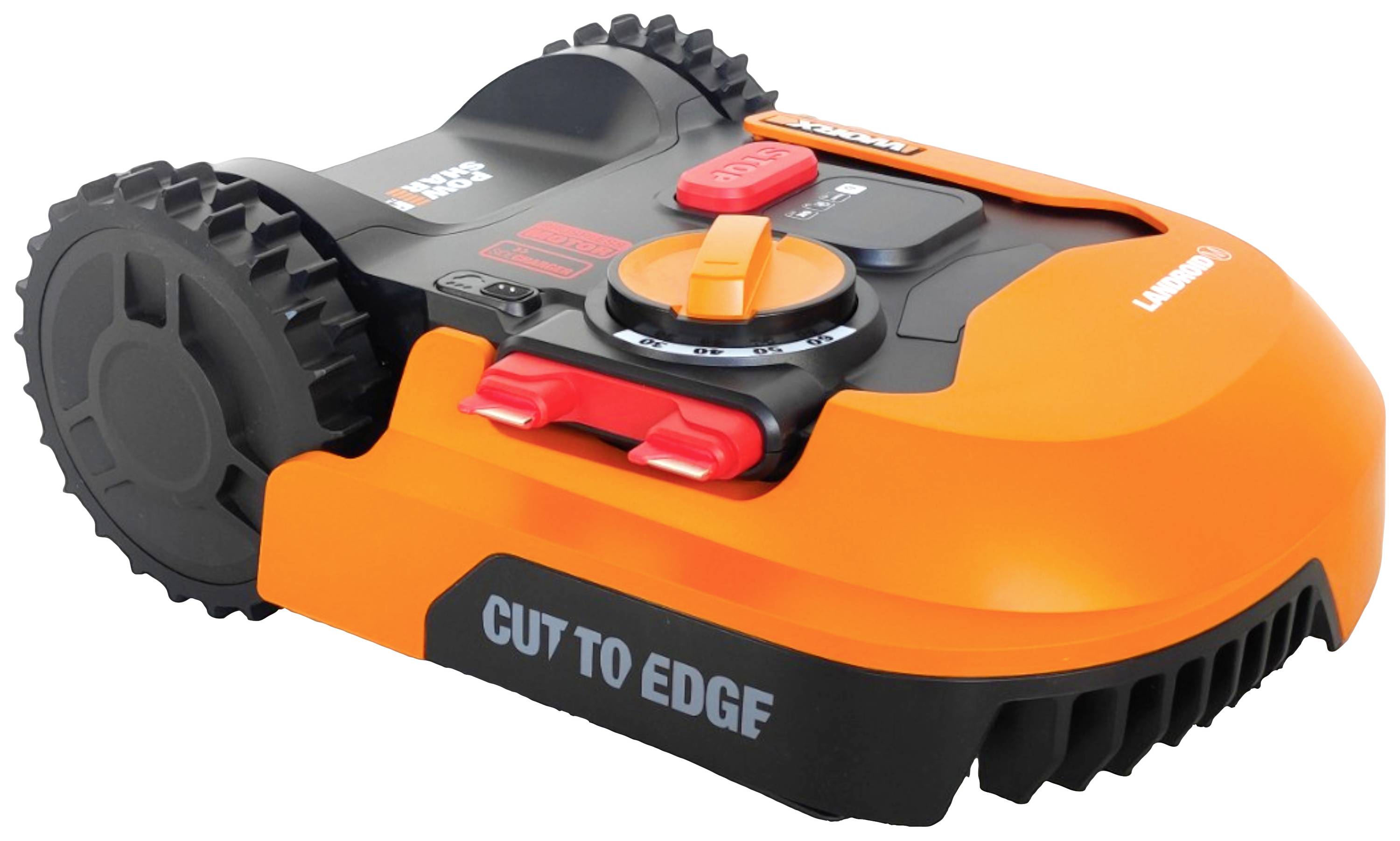 Ein orangefarbener Mähroboter mit der Aufschrift 'CUT TO EDGE', gestaltet für präzises Rasenschneiden nahe an Begrenzungen.
