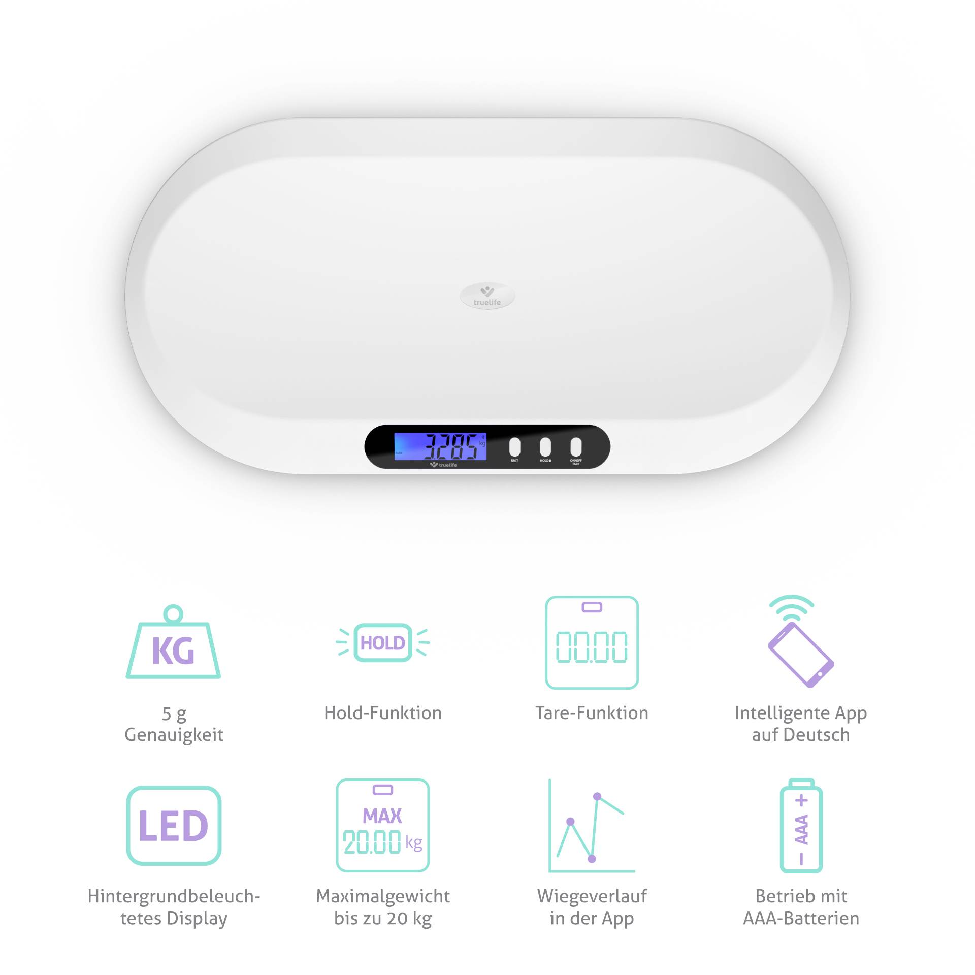 Eine digitale Küchenwaage mit beleuchtetem Display zeigt '1285 g' an. Funktionen: Hold, Tarieren, App-Unterstützung, Batterie 'AAA'.