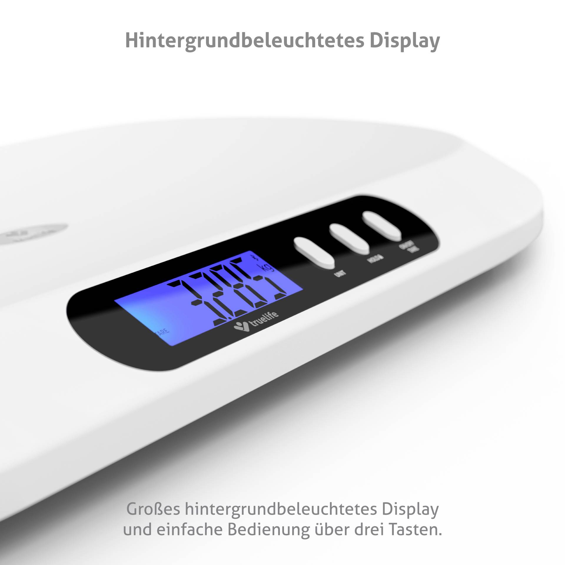 Elektronische Körperwaage mit beleuchtetem Display, zeigt Gewicht in Kilogramm an und verfügt über drei Tasten.