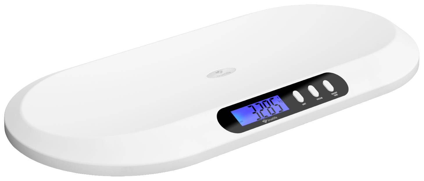 Eine digitale Babywaage in Weiß, zeigt ein Gewicht von '2.205' auf einem blauen Display an. Drei Knöpfe sind neben dem Display sichtbar.
