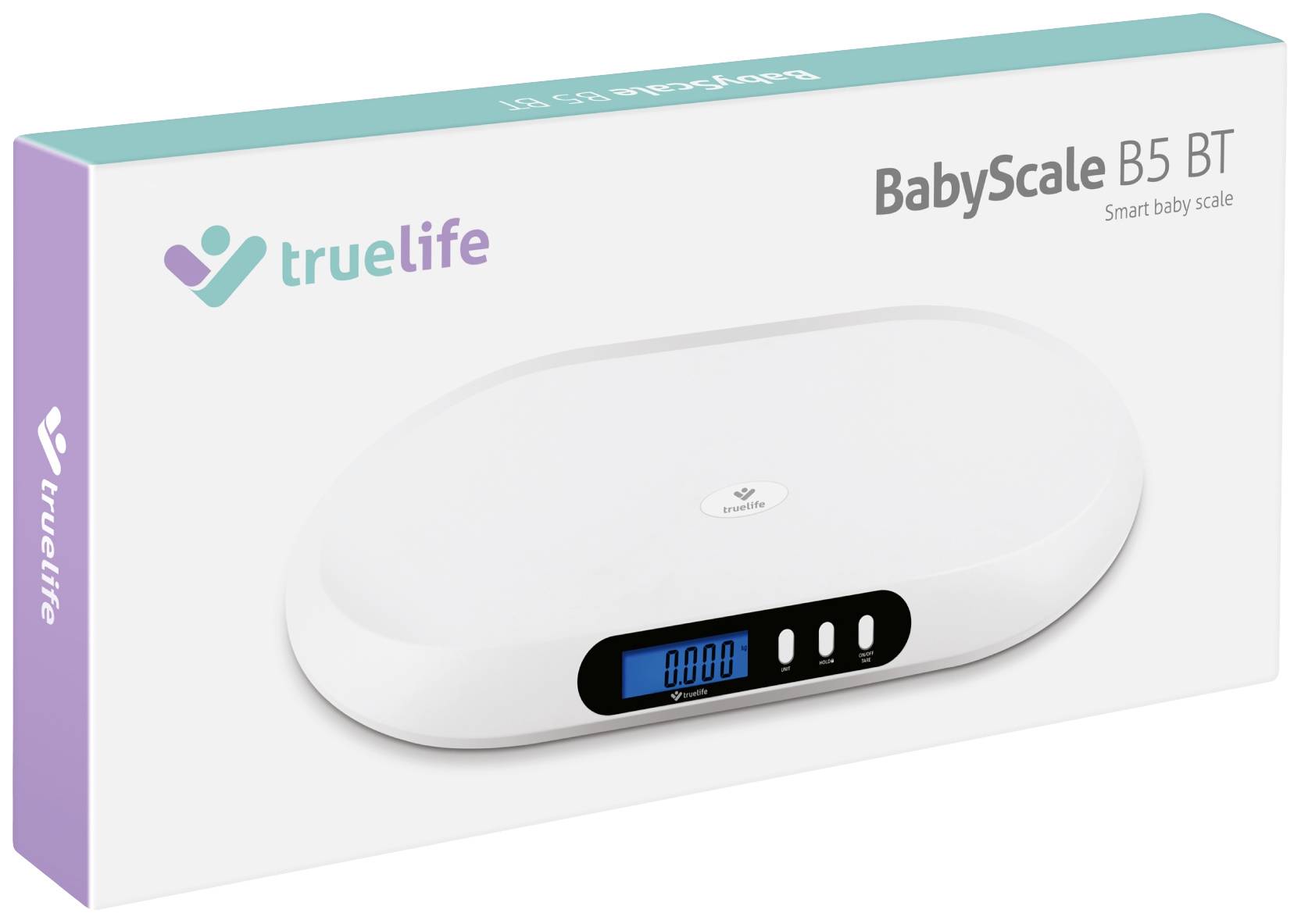 Eine weiße Babywaage 'TrueLife BabyScale B5 BT' mit digitalem Display auf der Verpackung. Geeignet zum präzisen Wiegen von Babys.