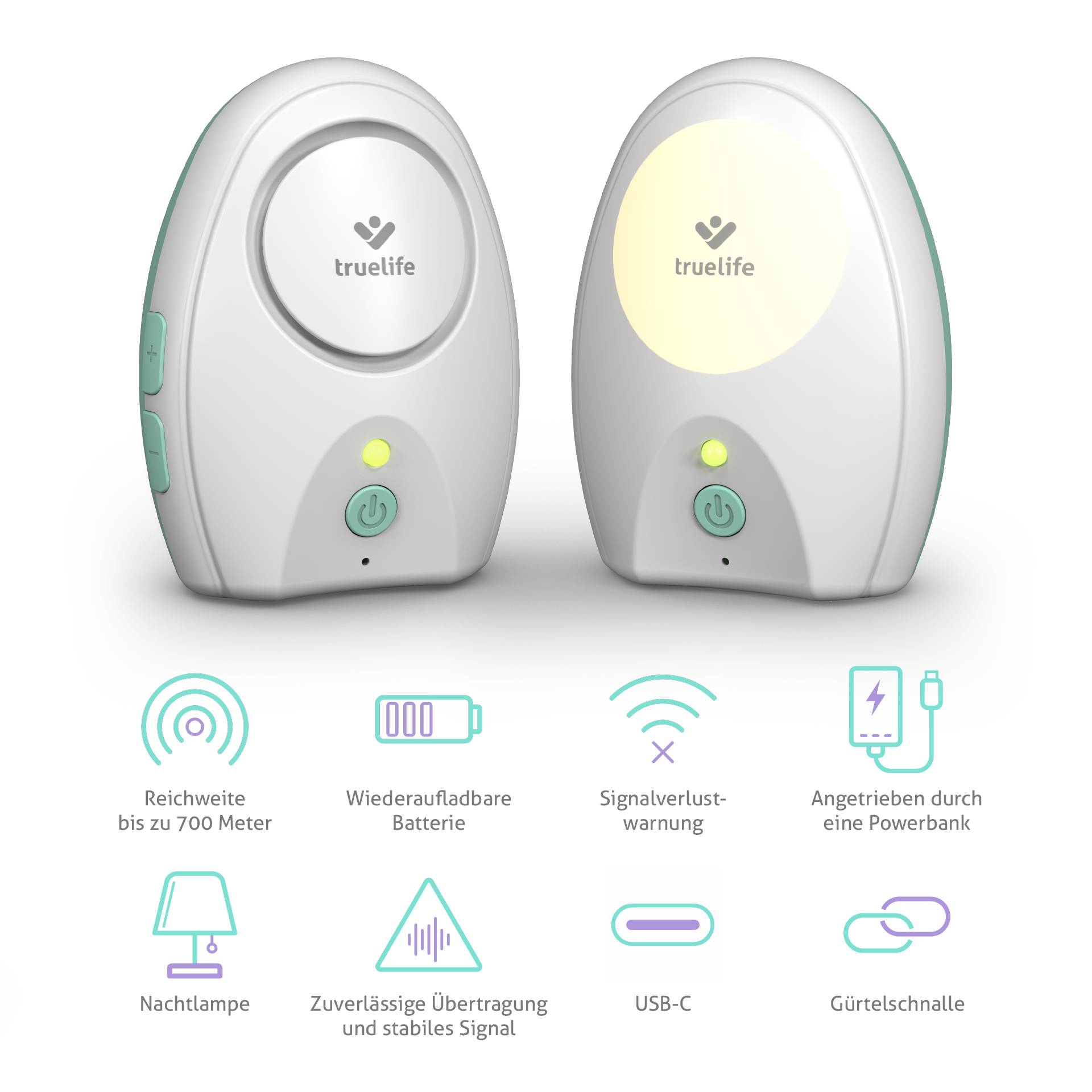 Zwei Babyphones mit Markenlogo, LED-Anzeigen und Bedienelementen. Darunter Symbole für Reichweite, Akku, Signal und weitere Funktionen.
