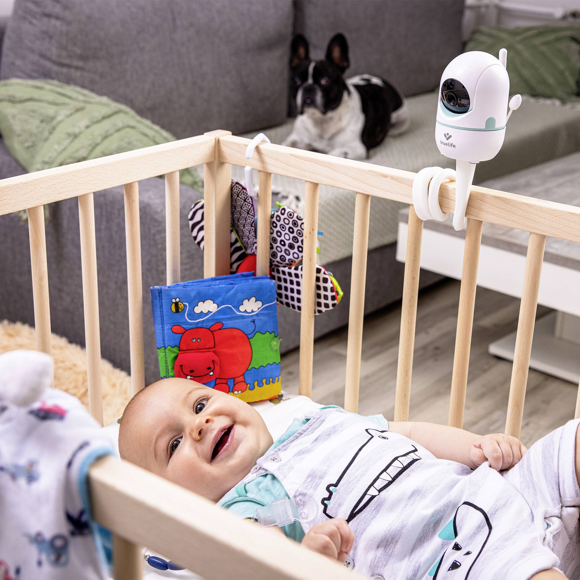 Ein Baby liegt fröhlich in einem Kinderbett mit Spielzeug. Eine Kamera ist am Bett befestigt. Ein kleiner Hund sitzt im Hintergrund.