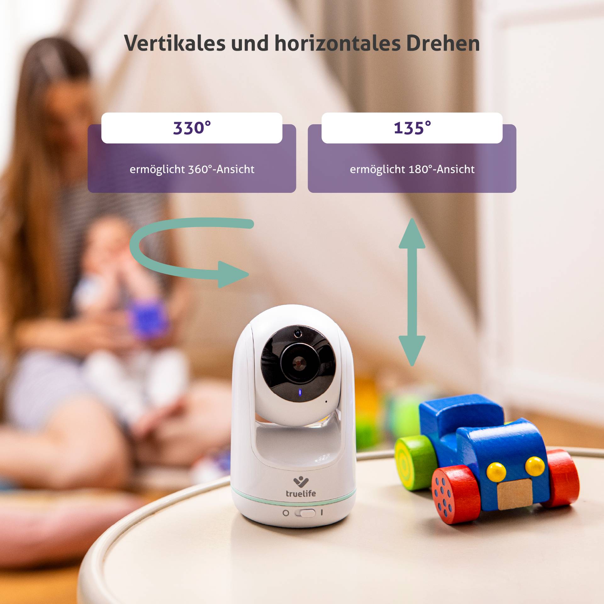 Eine Baby-Kamera fokussiert, zeigt 330° horizontale und 135° vertikale Drehmöglichkeiten. Im Hintergrund spielen Mutter und Kind.