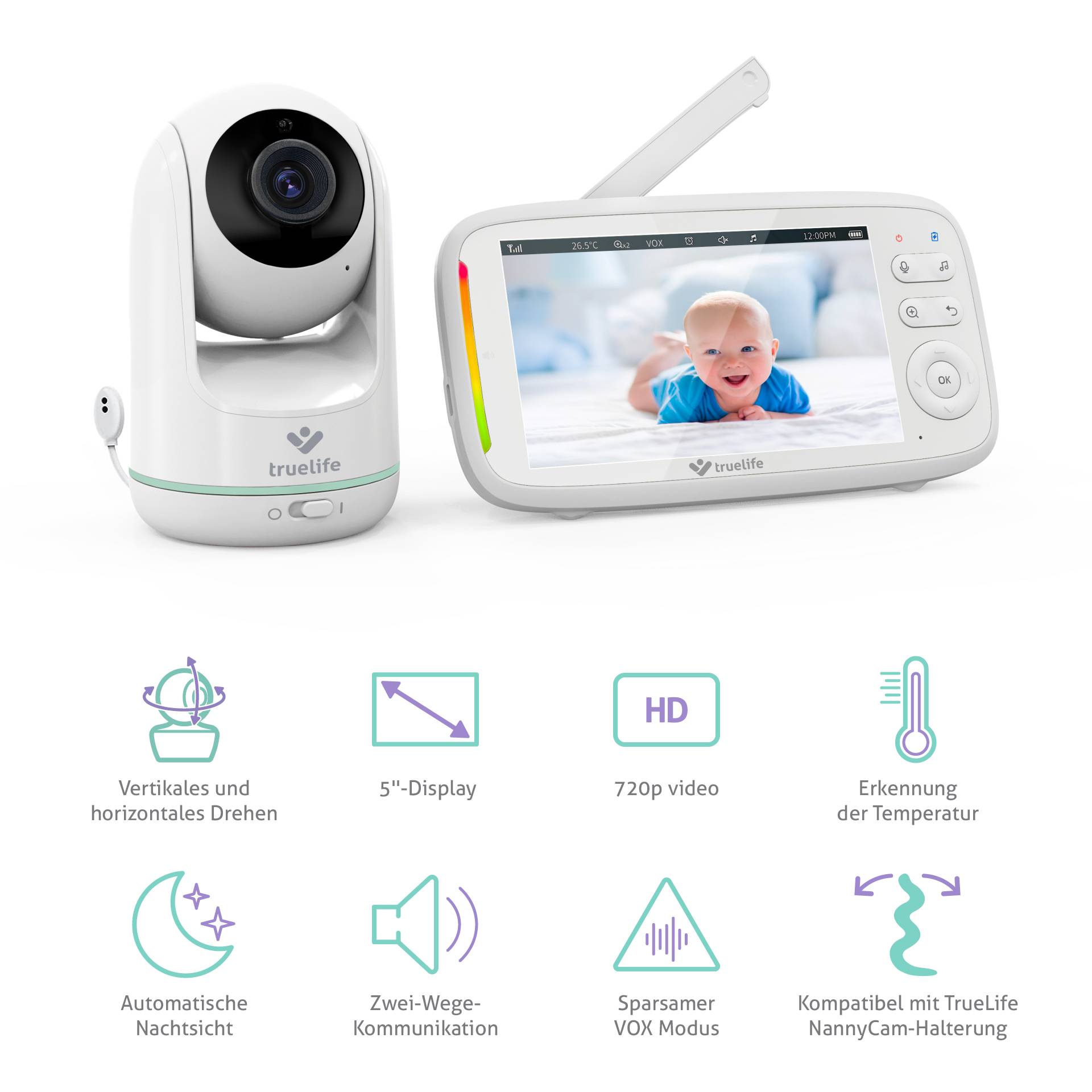 Ein Babyphone-Set mit Kamera und Monitor. Funktionen: Fernsteuerung, 5