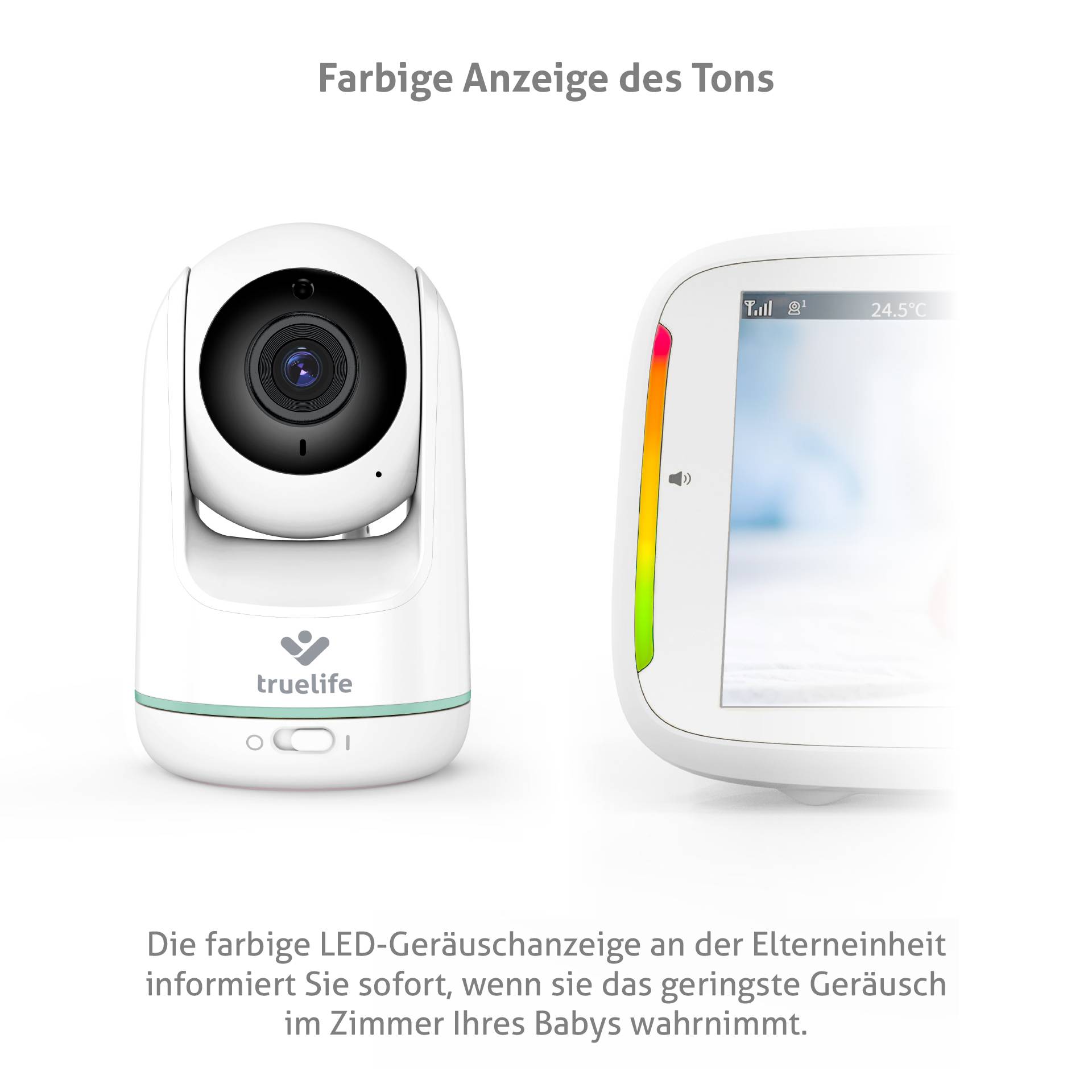 'TrueLife'-Babyphone mit Kamera und LED-Geräuschanzeige zur sofortigen Information bei Geräuschen im Kinderzimmer.