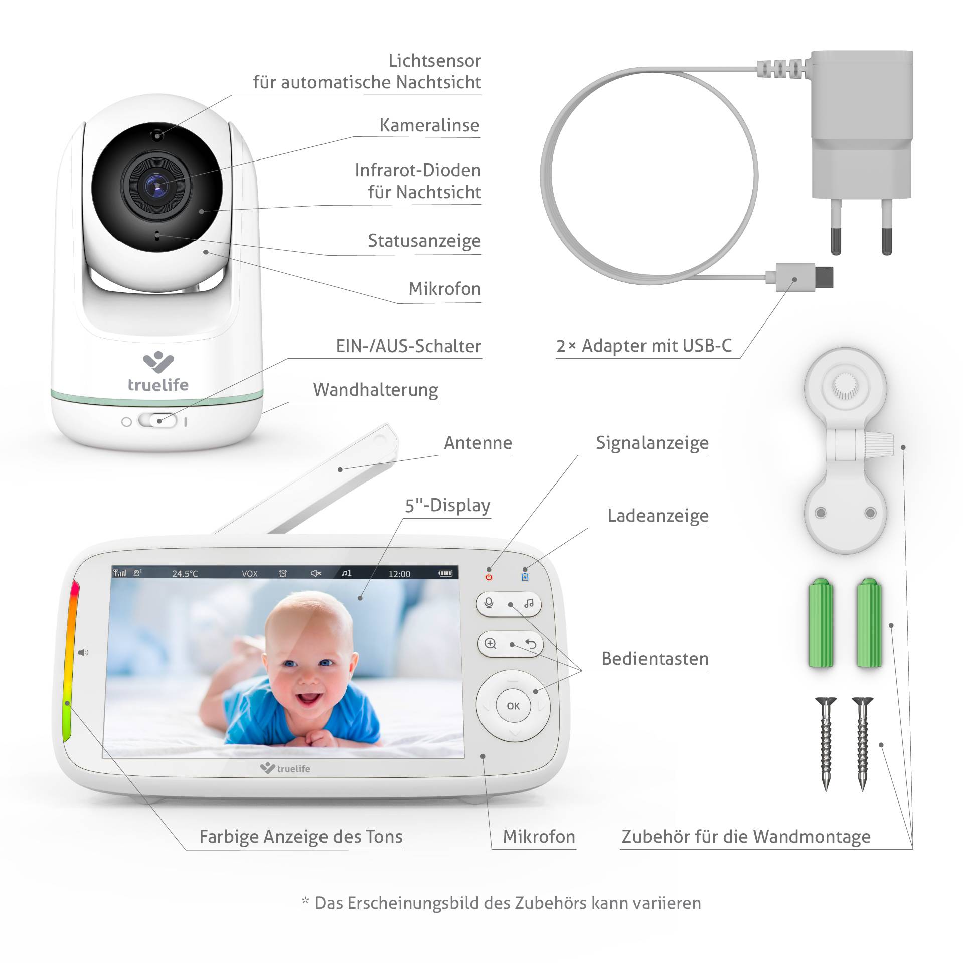 Babyphone-Set mit Kamera, Display, und Adapter. Zeigt Baby auf Bildschirm. Beschriftungen erklären Funktionen und Zubehör.