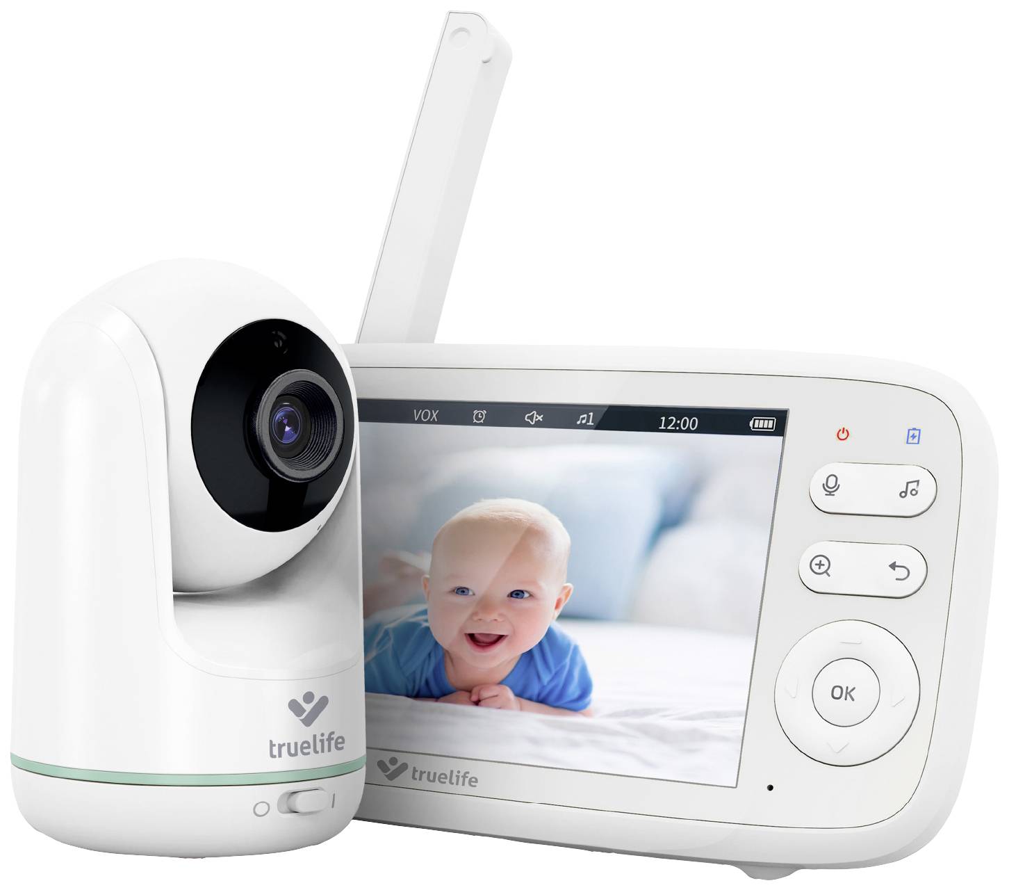 Babyphone mit Kamera und Monitor. Auf dem Bildschirm ist ein lachendes Baby zu sehen. Die Kamera ist neben dem Monitor positioniert.