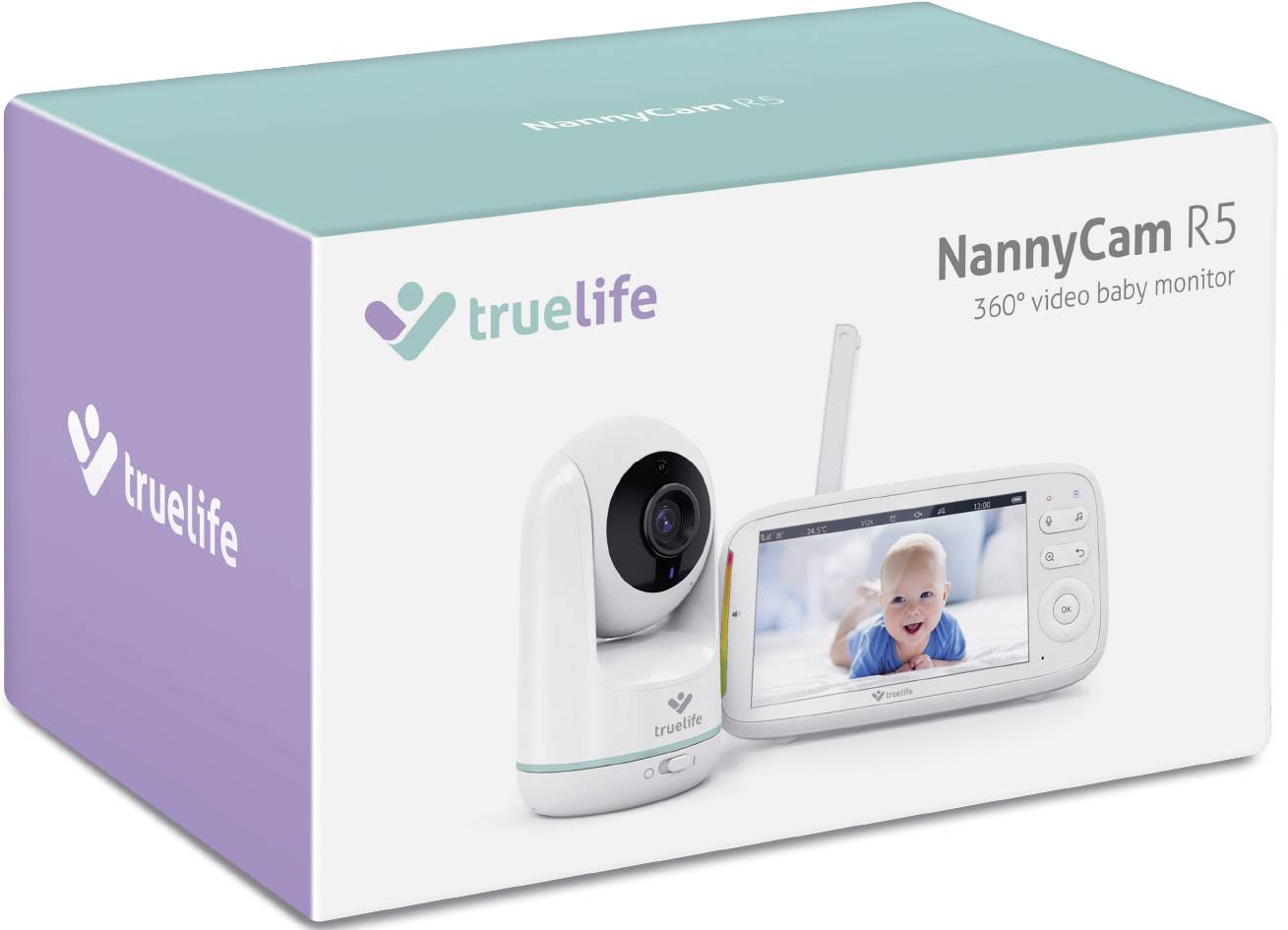 Eine Verpackung zeigt die 'NannyCam R5', eine 360° Video-Babyüberwachungskamera von trueLife, mit Kamera und Monitor abgebildet.