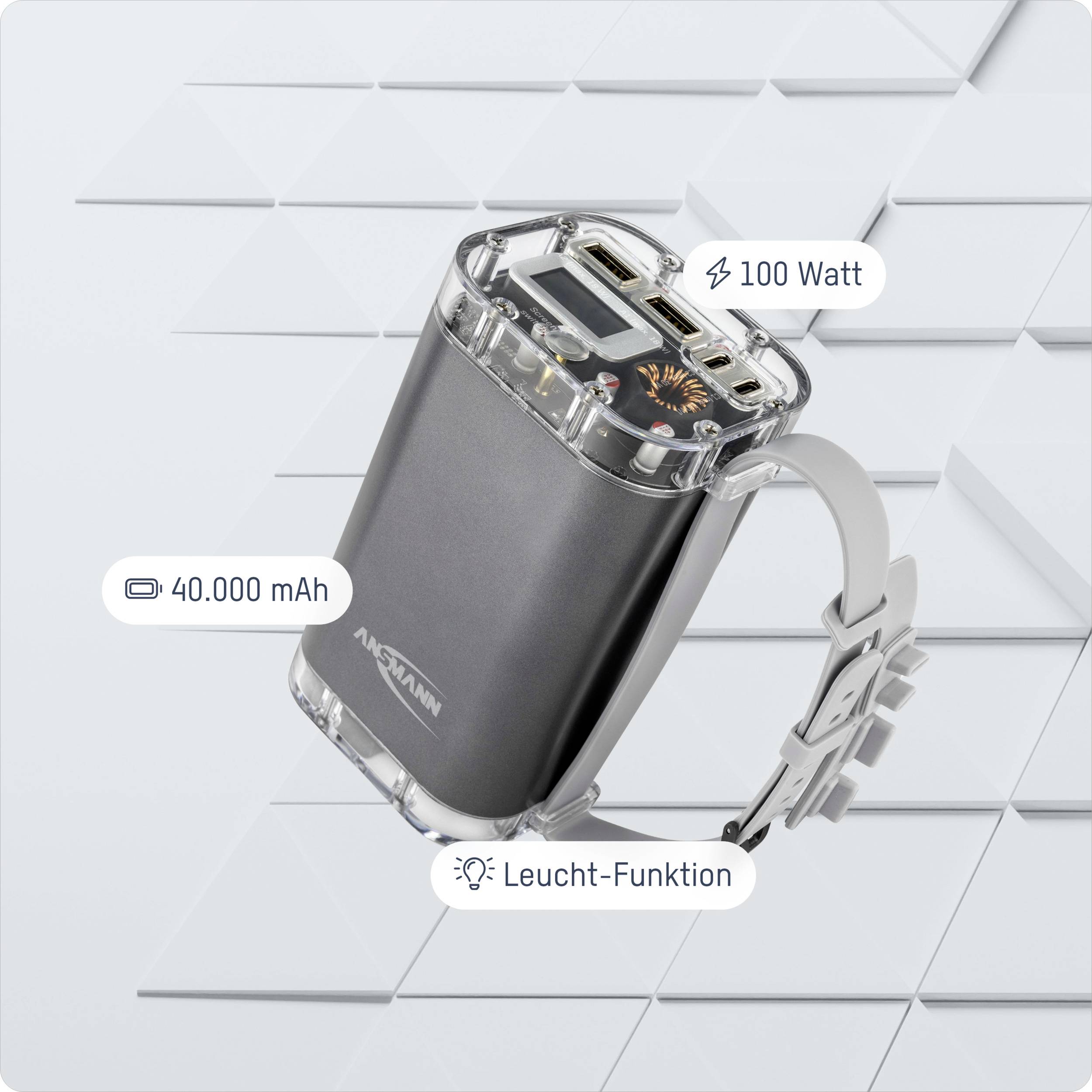 Eine Powerbank mit 40.000 mAh Kapazität, 100 Watt Ladeleistung, und integrierter Leuchtfunktion. Zwei USB-Ports sichtbar.