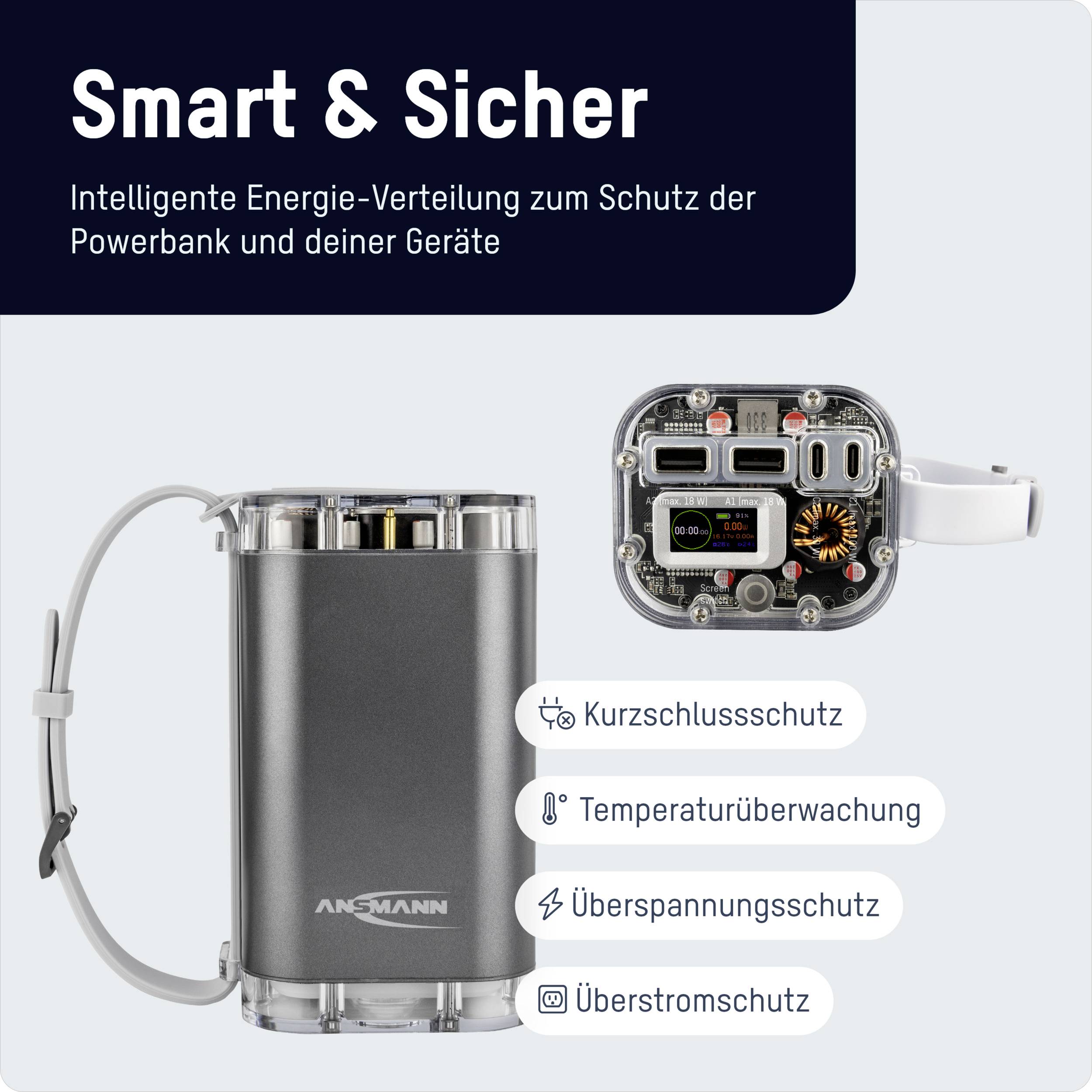 Smart & sicher: Powerbank mit Schutzfunktionen für Kurzschluss, Temperatur, Überspannung und Überstrom.