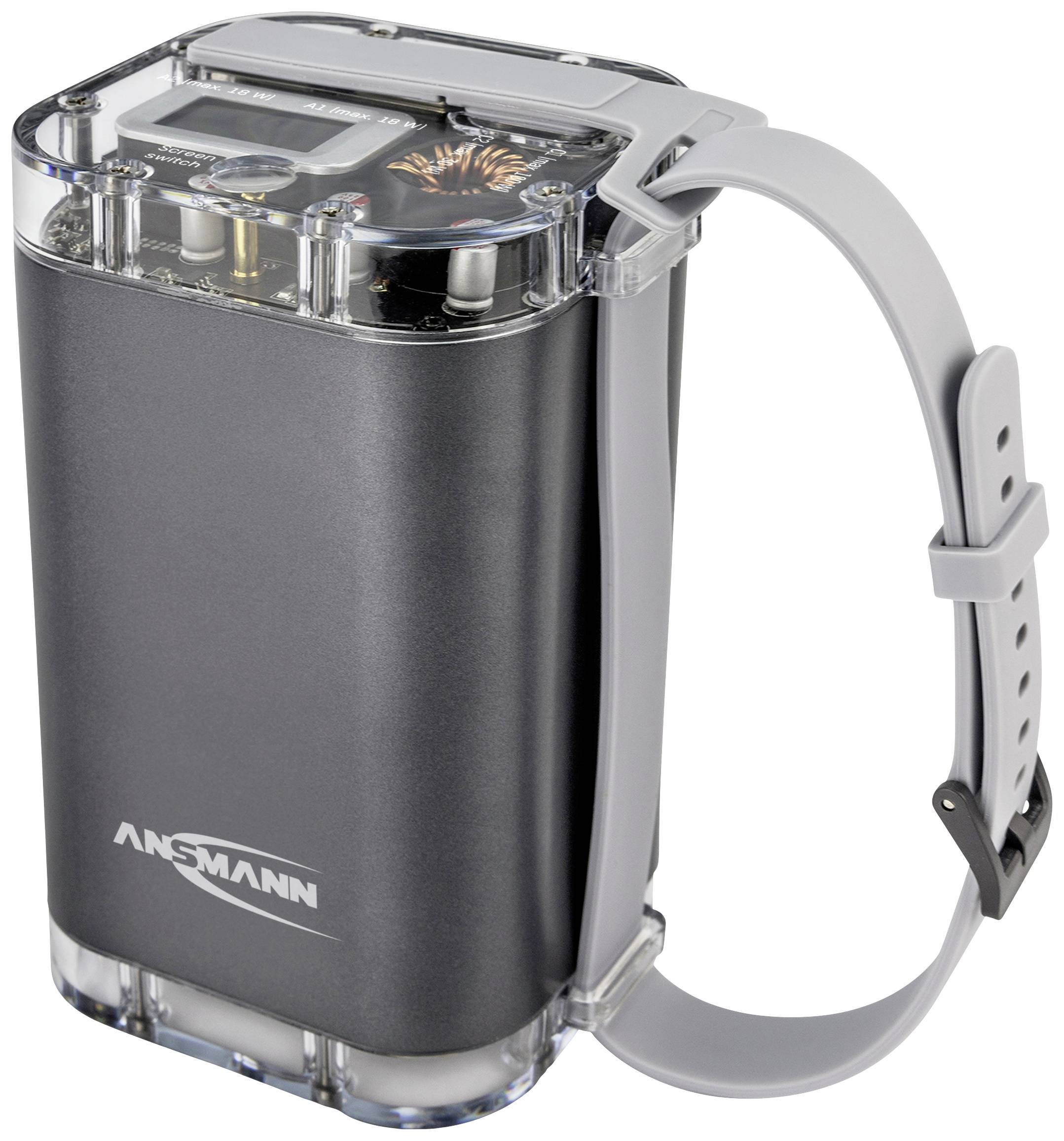 Wiederaufladbarer Taschenlampenakku der Marke Ansmann, mit grauem Tragegurt und transparentem Deckel, sichtbar sind Batteriekontakte.