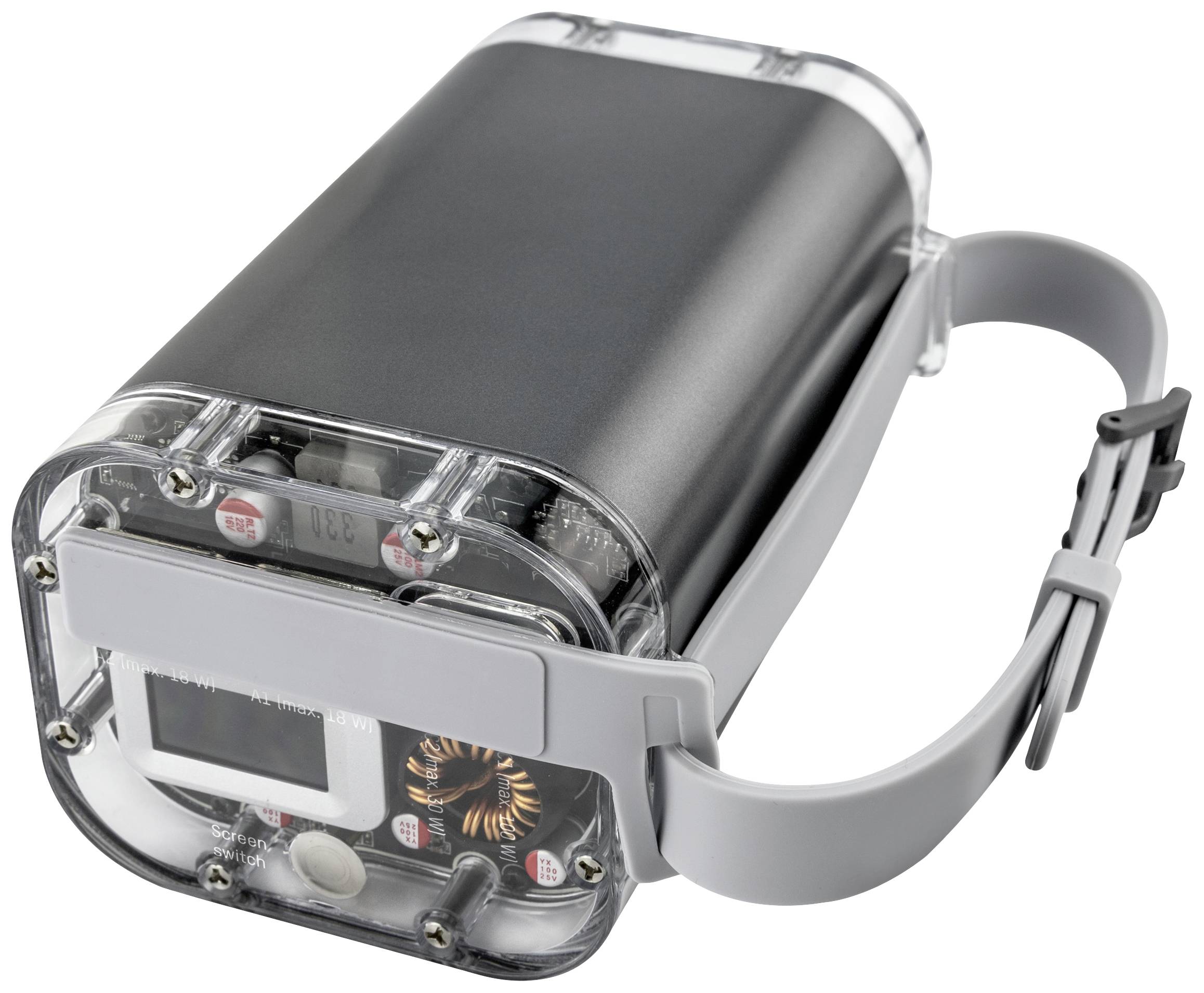 Ein tragbares Messgerät mit transparentem Gehäuse und Display, das vermutlich zur Erfassung von Umweltdaten dient, liegt auf einer Seite.