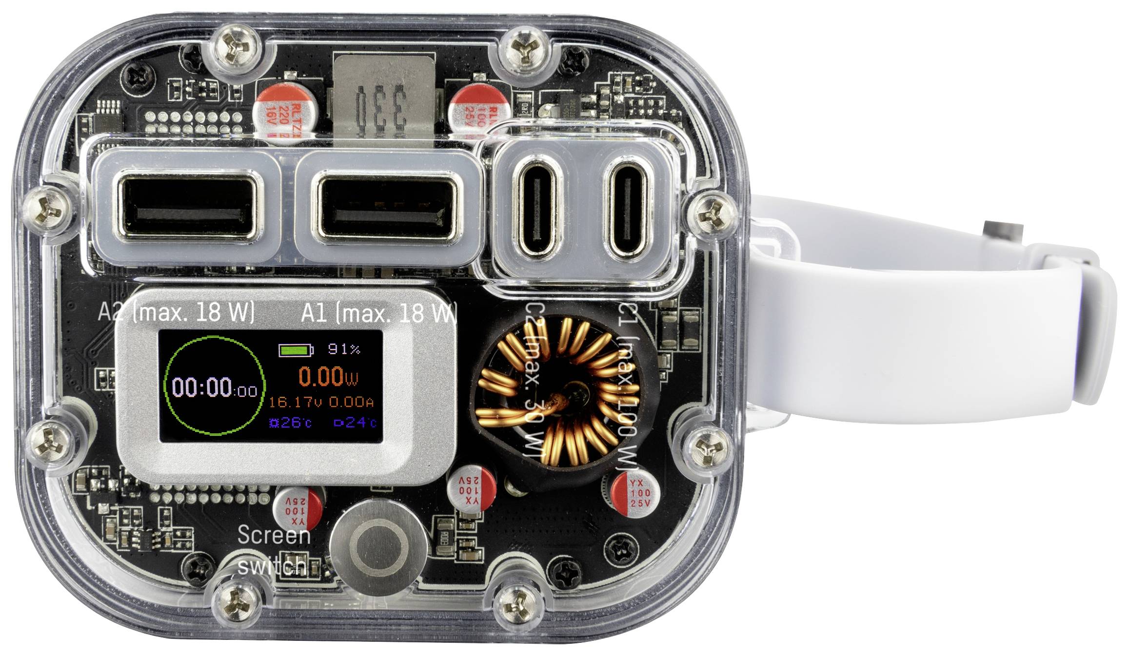 Elektronisches Gerät mit Digitalanzeige zeigt Batterieinformationen und Ladezustand. Zwei USB-Anschlüsse sind sichtbar.