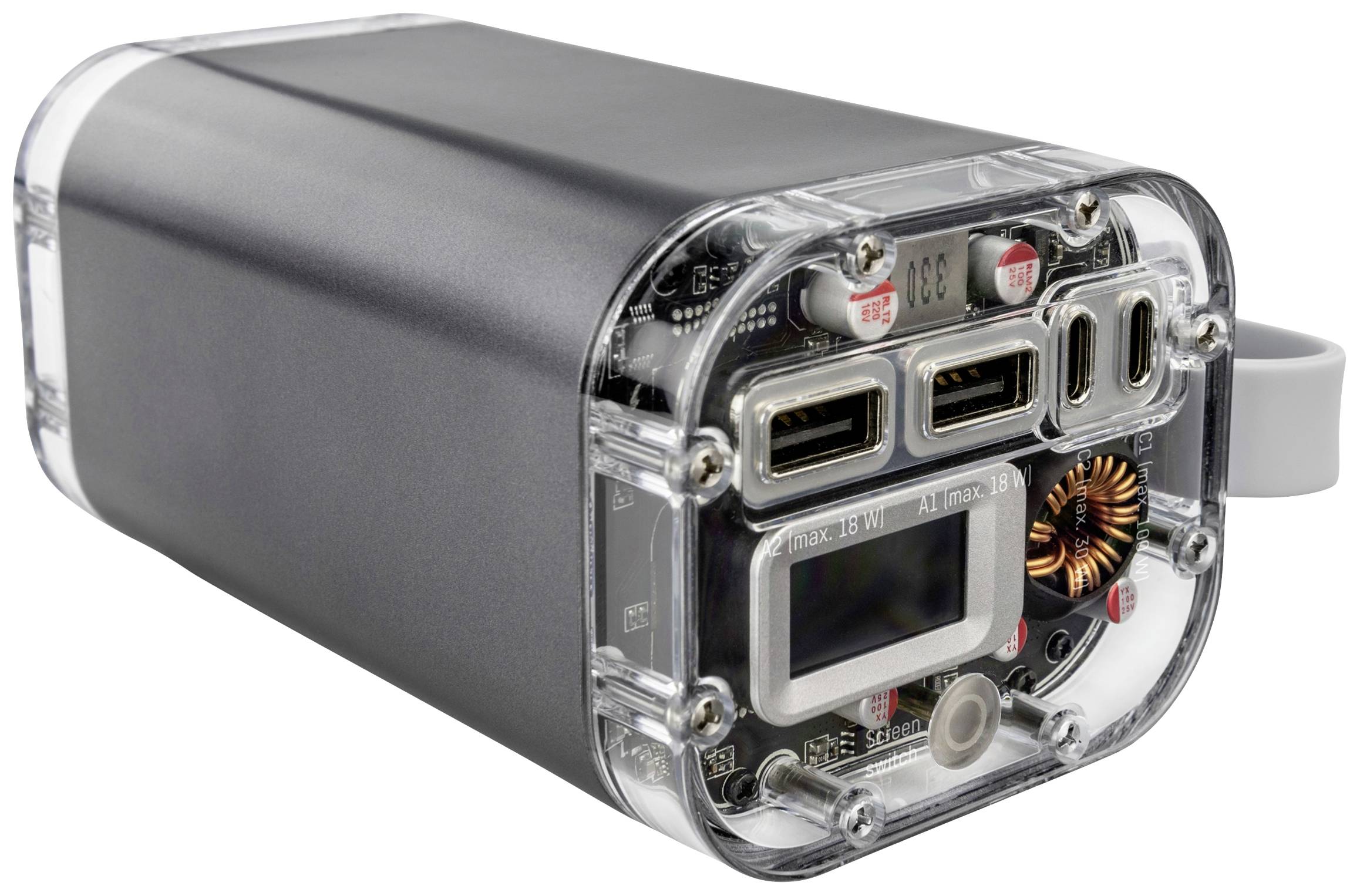 Ein tragbares Ladegerät mit mehreren USB-Anschlüssen und einem digitalen Display, das die Leistung anzeigt. Geeignet für vielseitige Nutzung.