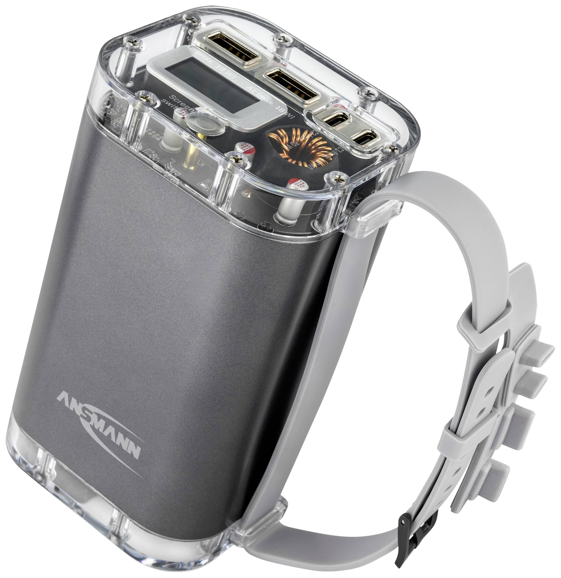 Eine tragbare Powerbank mit mehreren USB-Anschlüssen und einem transparenten oberen Gehäuse, das die internen Komponenten zeigt.